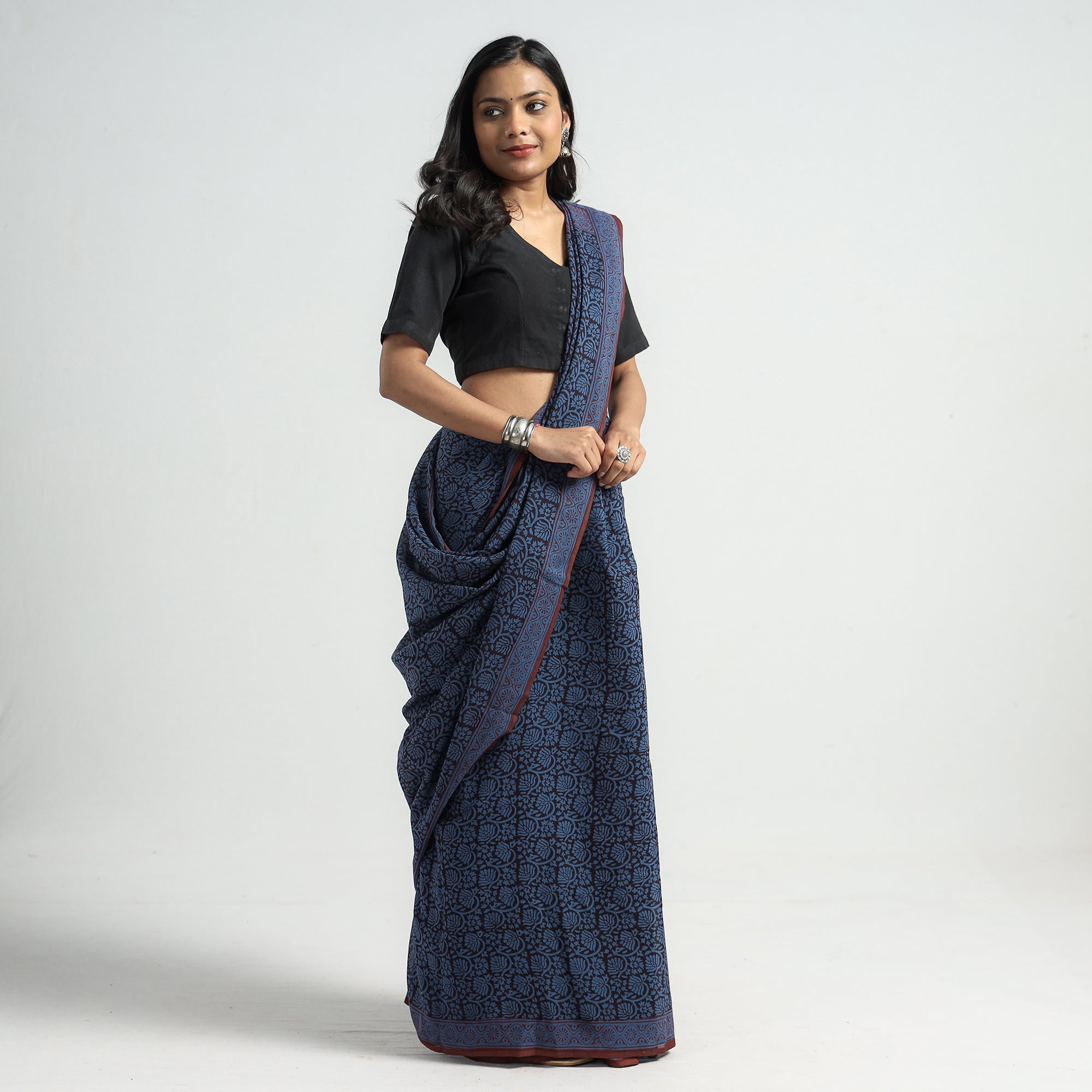 BAGH PRINTS BY YAKOOB KHATRI Blue - Bagh Hand Block Printed Cotton Saree - view 3