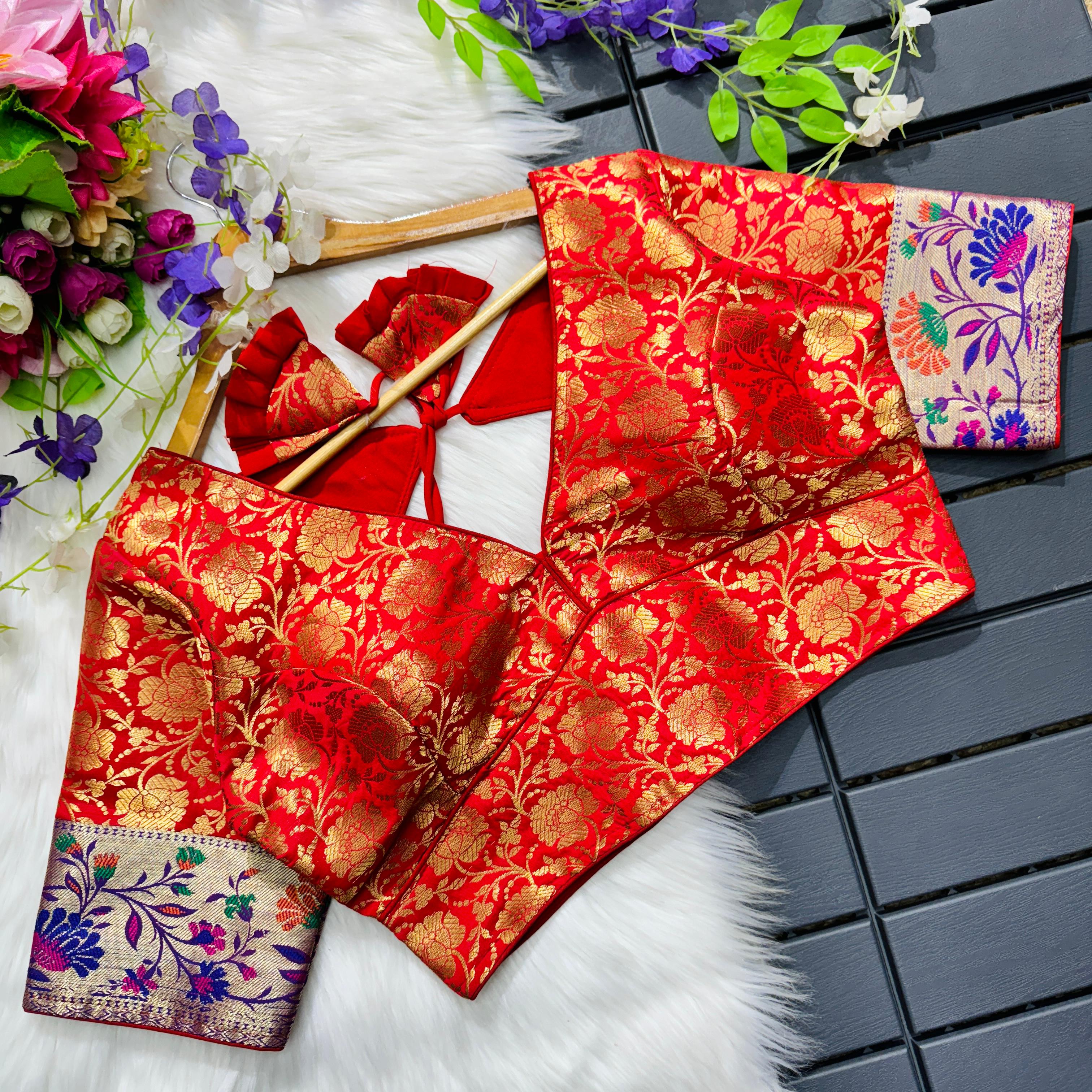 ClothsVilla Orange Multi Meena Work Pure Paithani Blouse