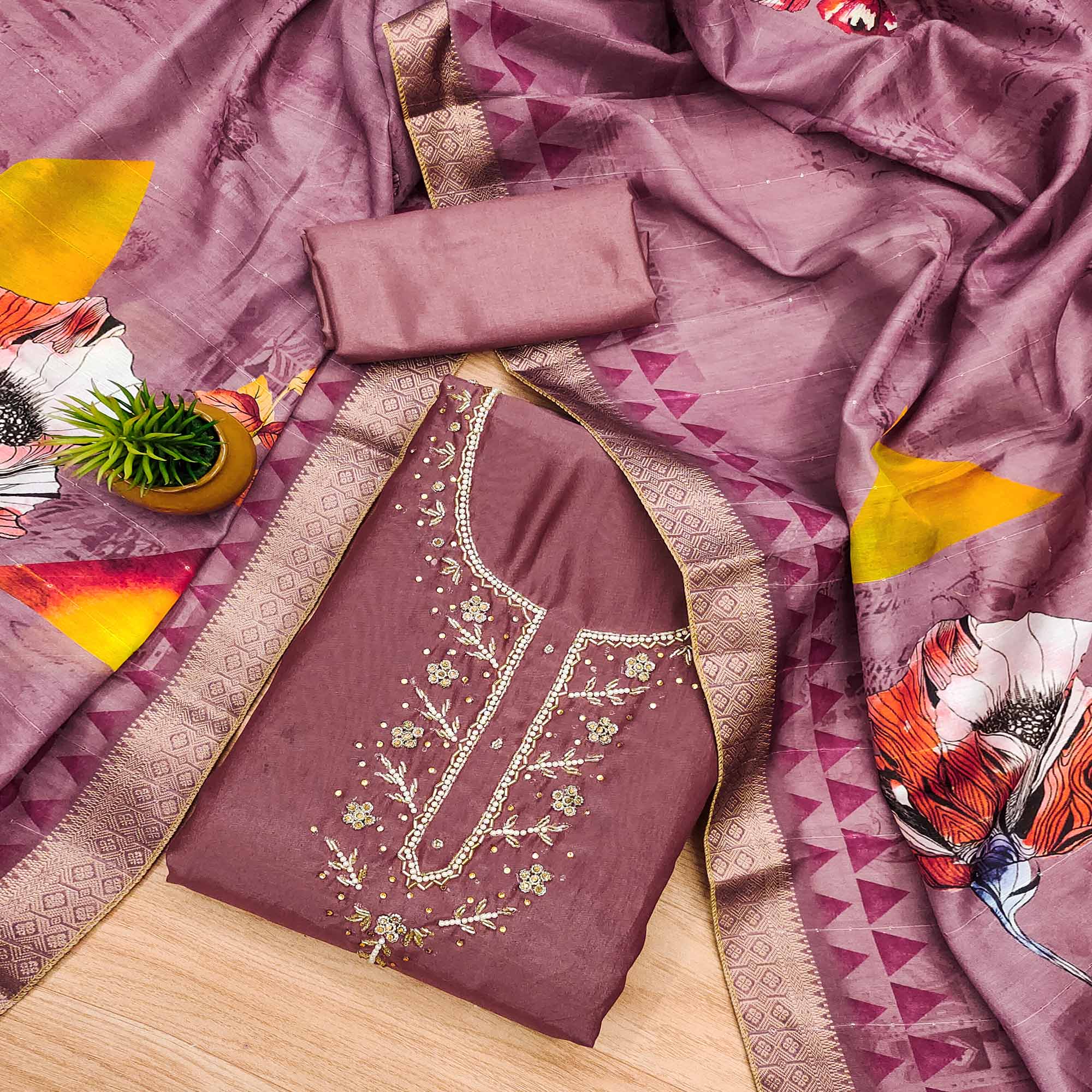 Peachmode Mauve Handwork Simmer Jacquard Dress Material