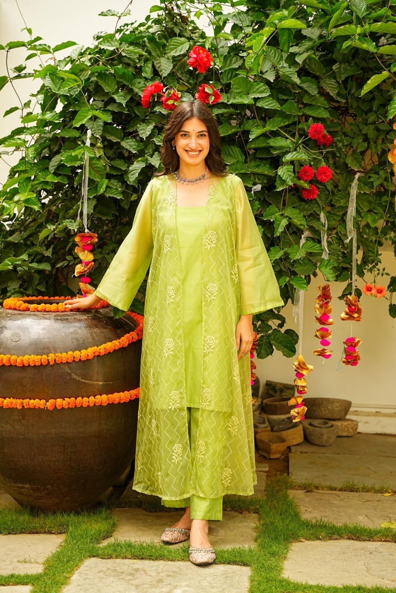 Idaho-o Apple Green Kurta Jacket Set