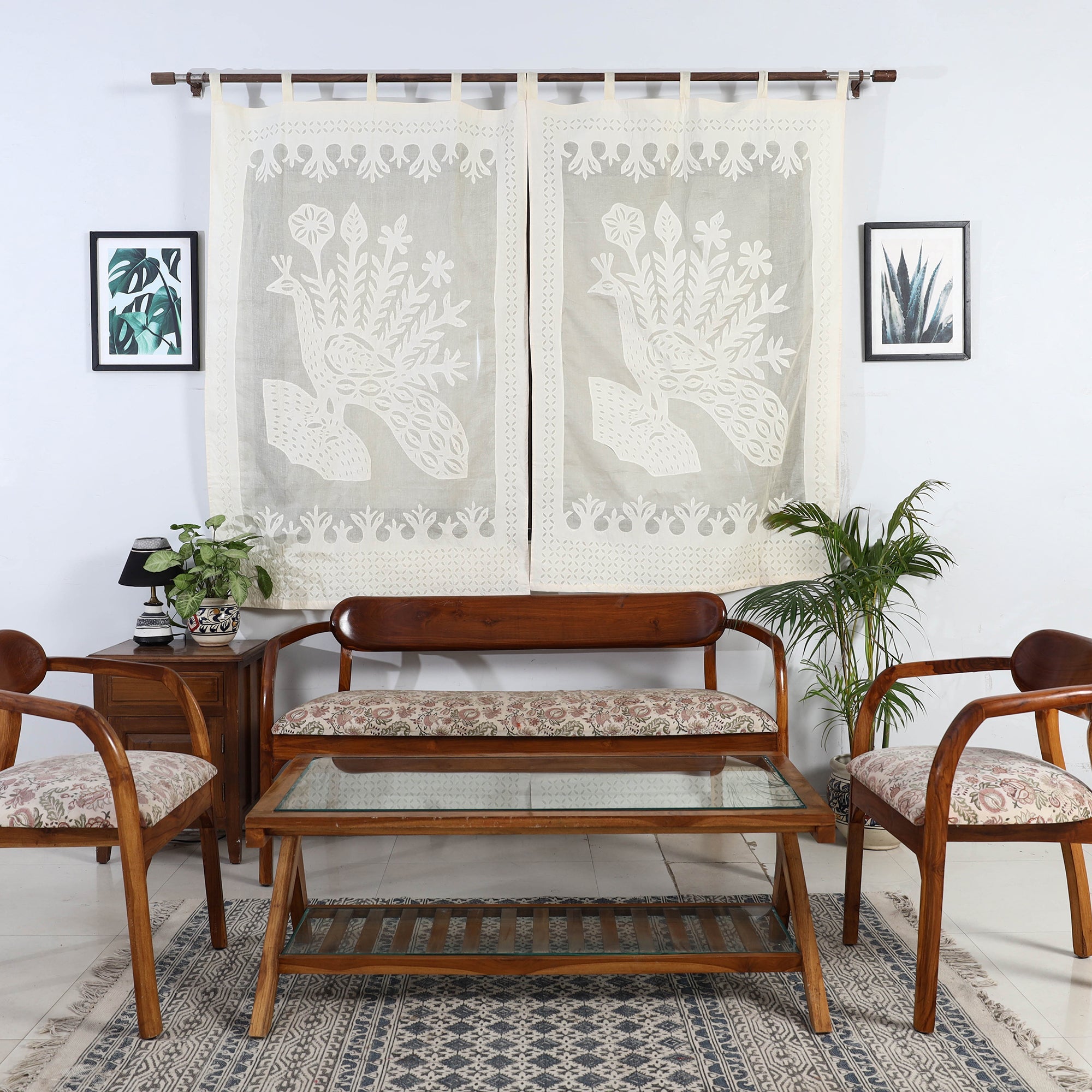 SHADES OF MARUDHARA Beige - Peacock Cutwork Cotton Barmer Applique Window Curtain