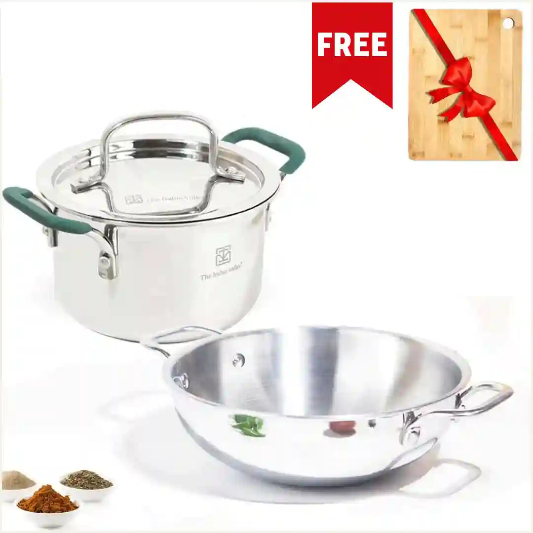 Free 600 wooden – The Indus Valley TurboCuk Tri-ply Stainless Steel Cokware Set: Free ₹600 Wooden Board+ Kadai+ Biryani Pot, Premium Quality, 3 Layer Thick Body, 100% T