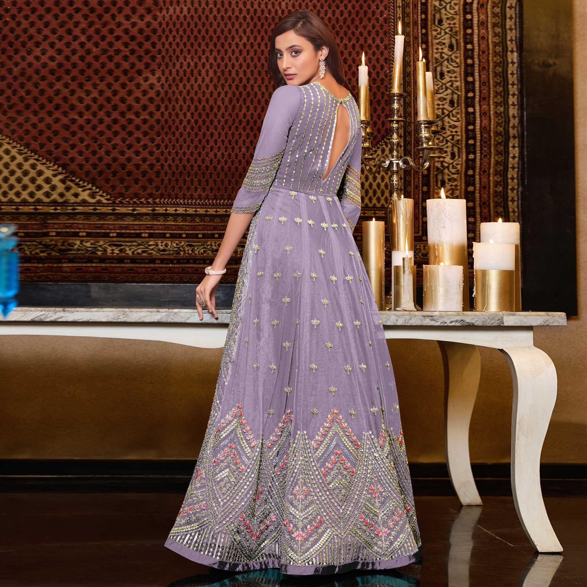 Peachmode Light Lavendar Designer Partywear Embroidered Heavy Net Anarakali Suit - view 4