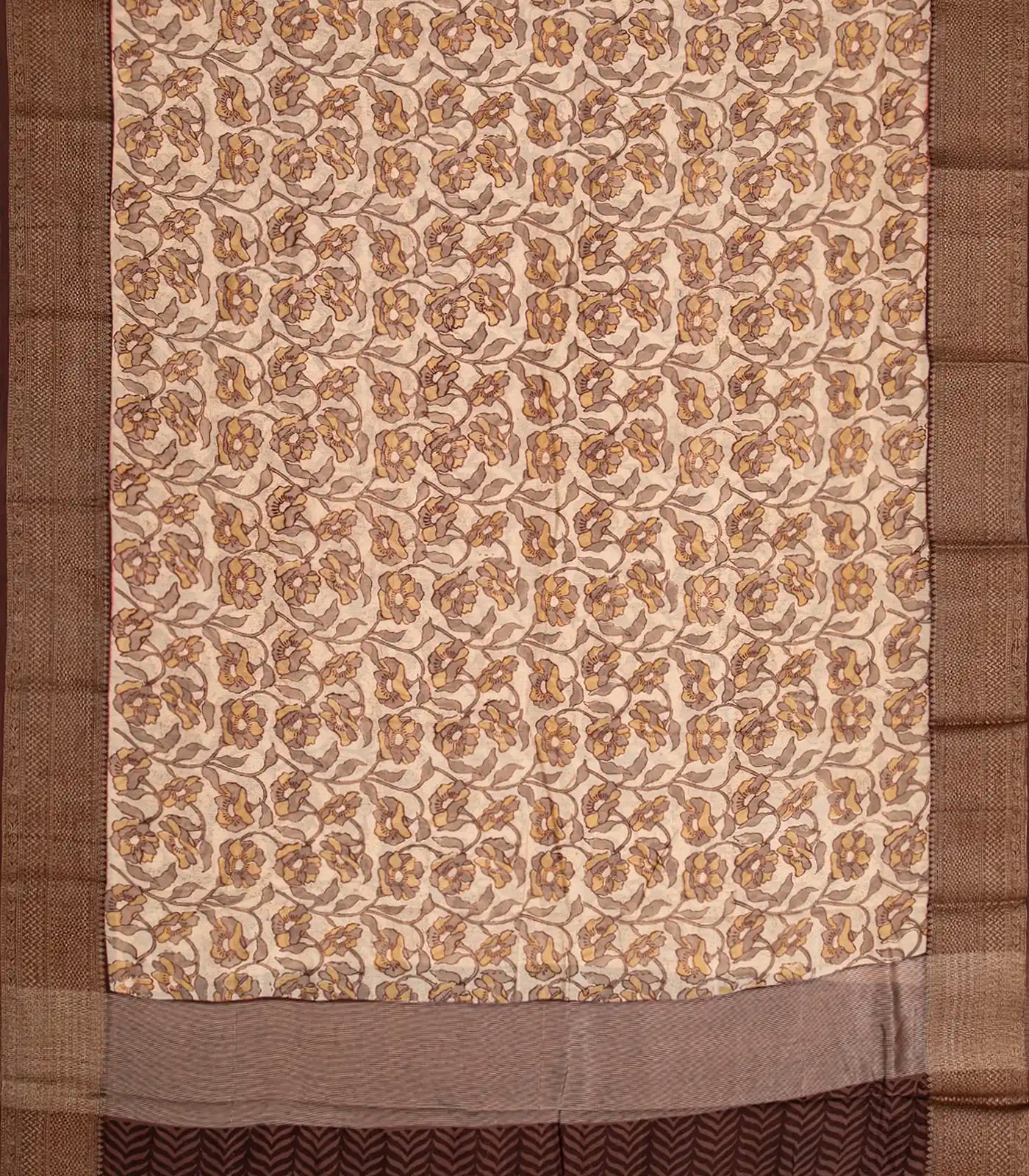 RmKV Cream Chanderi Cotton Saree Printed With Floral Motifs & Brown Border-Cream - view 2