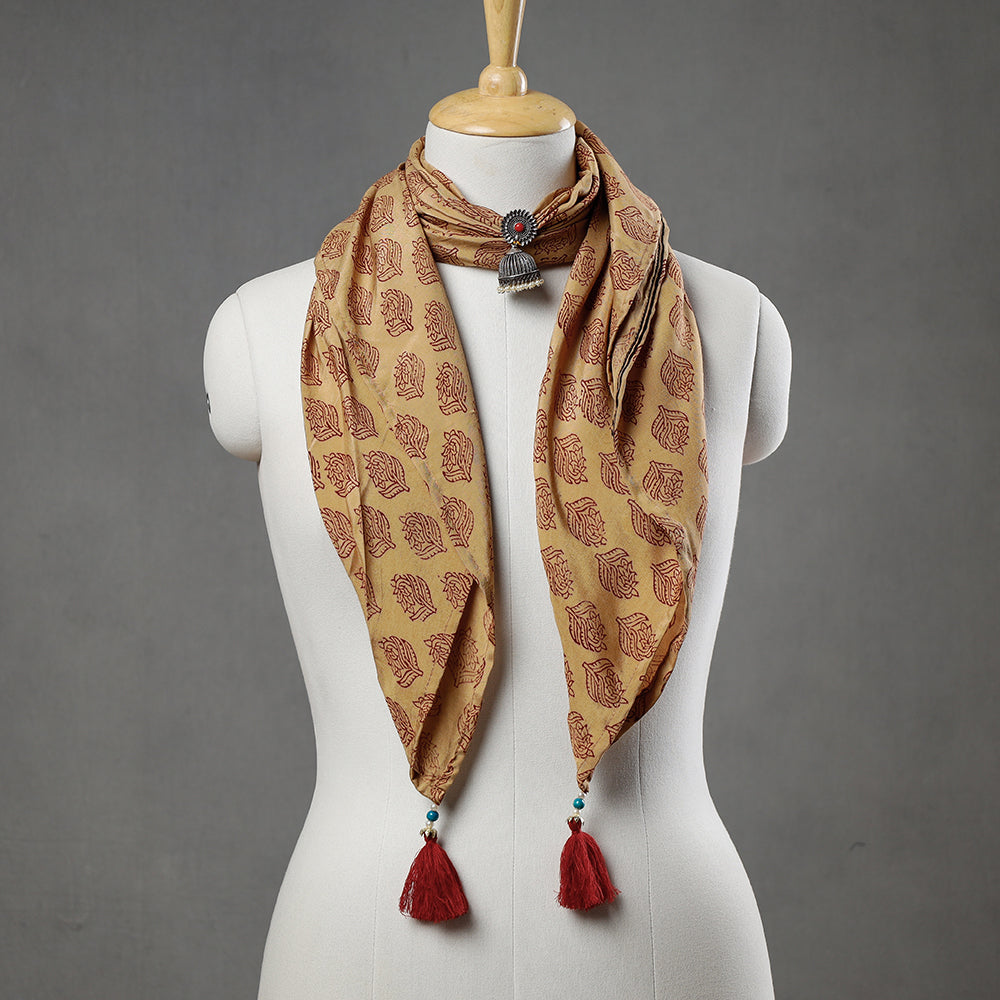 STOLES & SCARVES Beige - Modal Silk Bagh Block Printing Pendant Necklace Scarf
