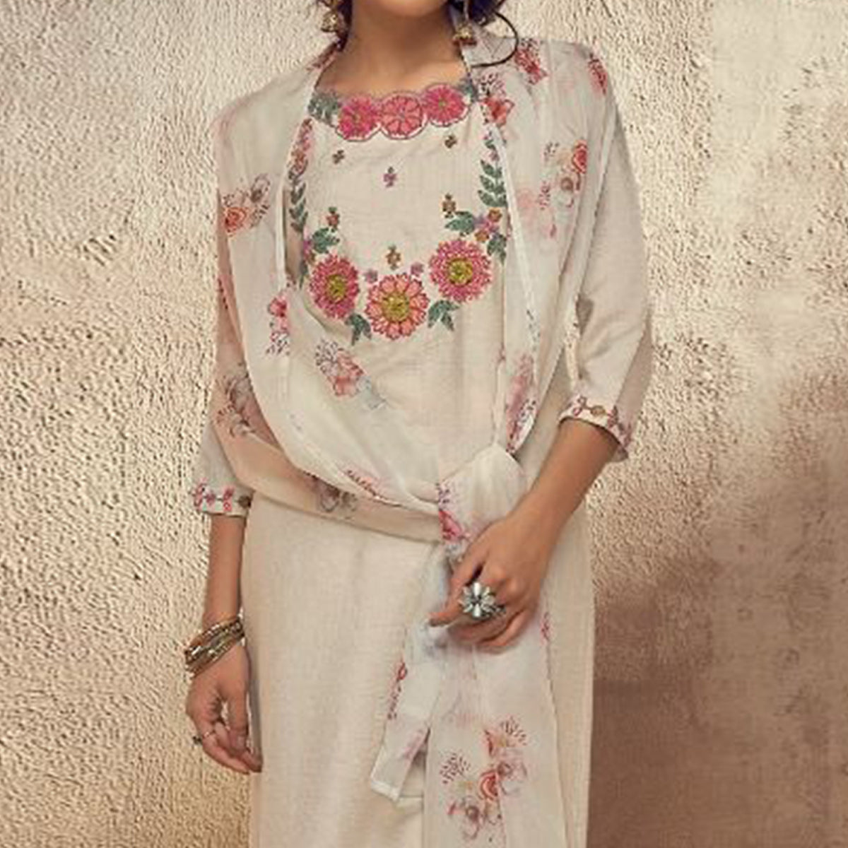 Peachmode Cream Floral Embroidered Viscose Suit - view 3