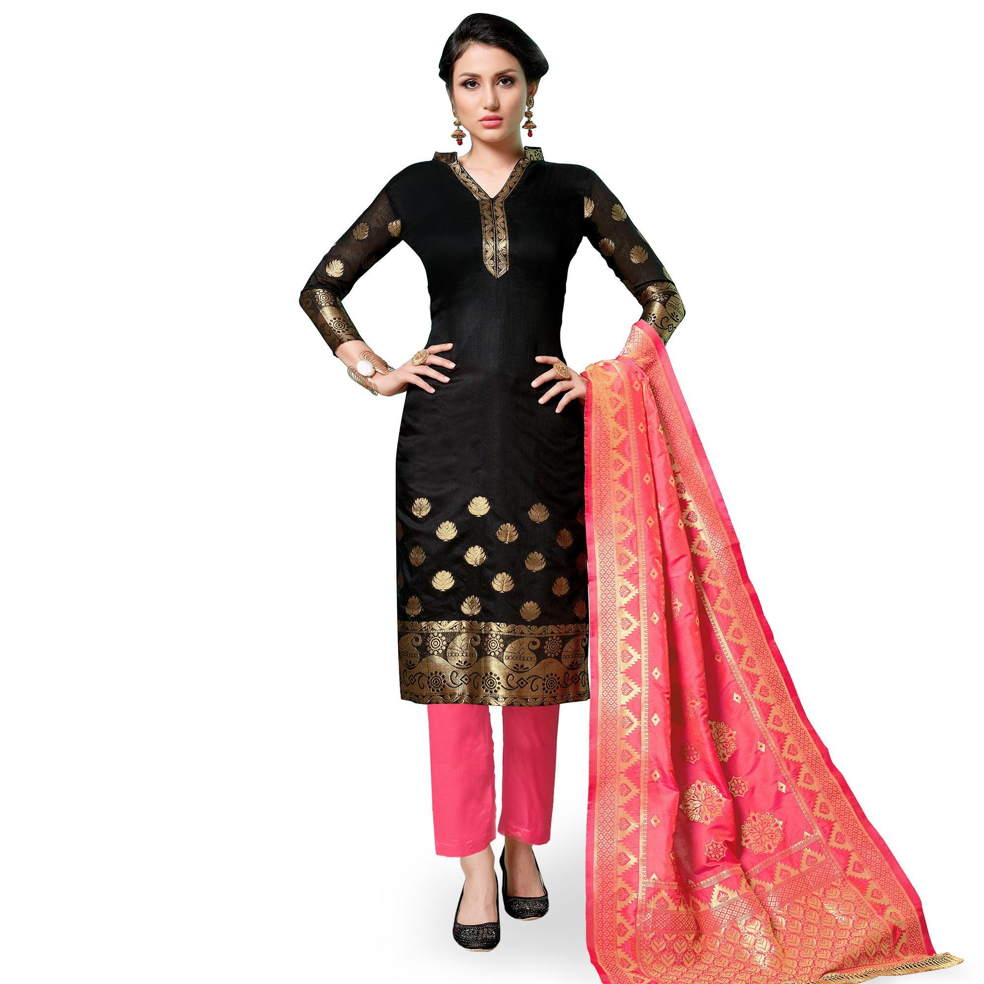 Peachmode Lovely Black Colored Partywear Woven Cotton Dress Material