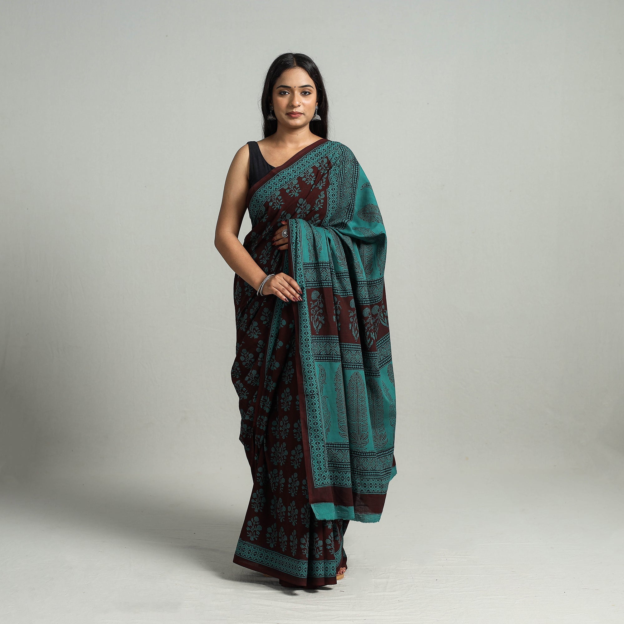 BAGH PRINTS BY MOHAMMED BILAL KHATRI Brown - Natural Dyed Bagh Print Cotton Saree with Blouse Piece 11