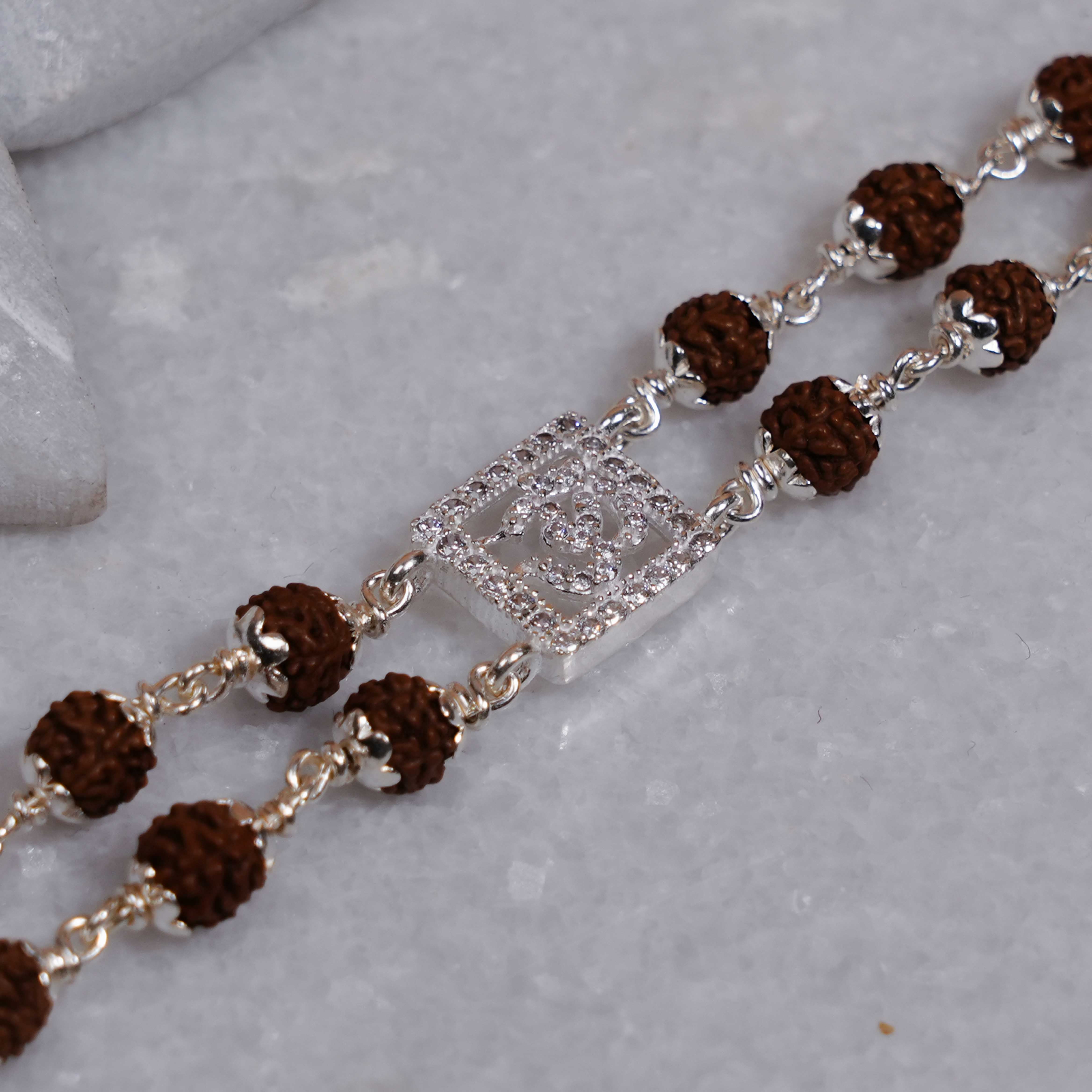 Prinjal Jewellers Rudraksha Silver Square Daimond Om double line Bracelet