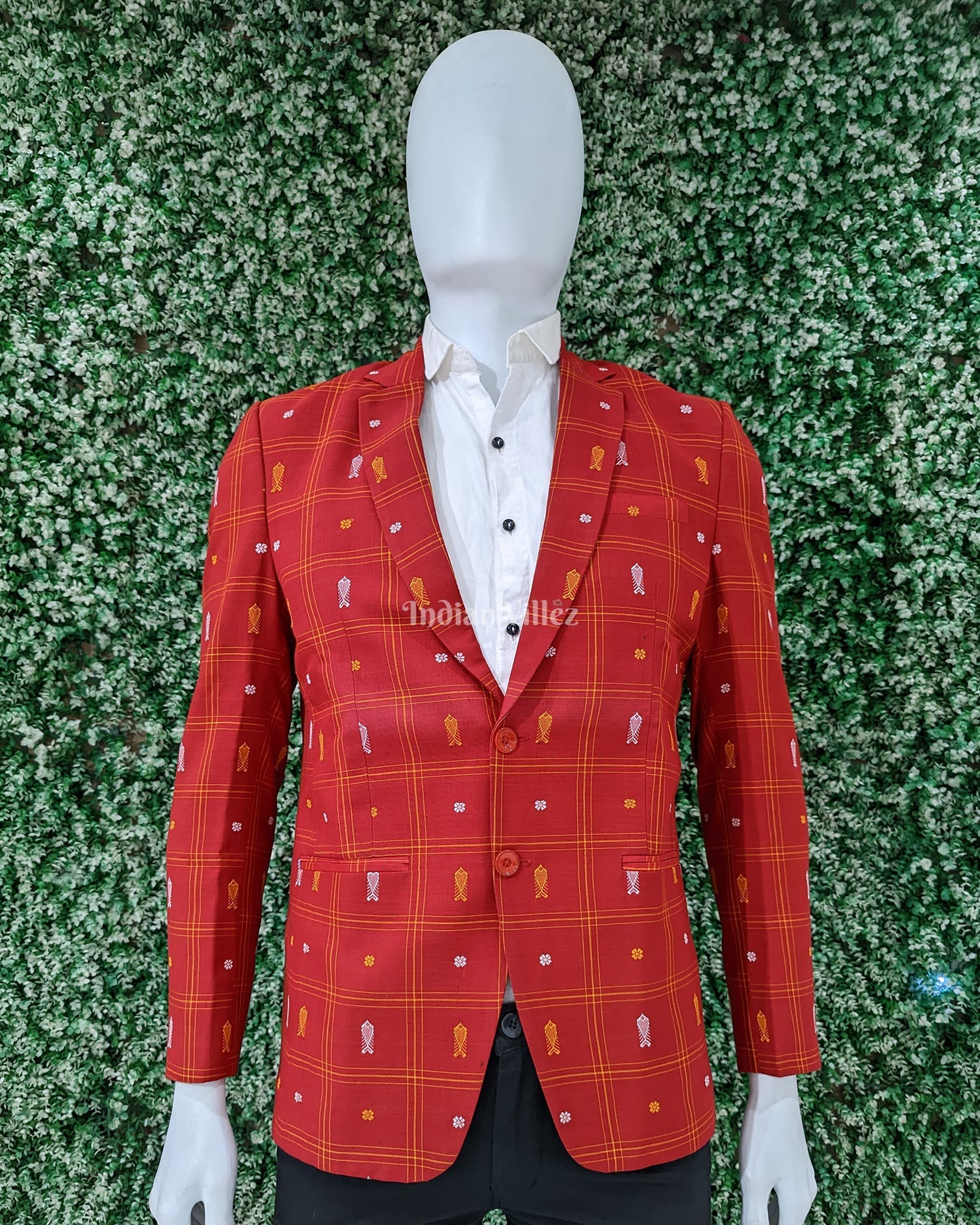 IndianVillèz Red Fish Butta Motif Bomkai Odisha Ikat Men's Designer Blazer