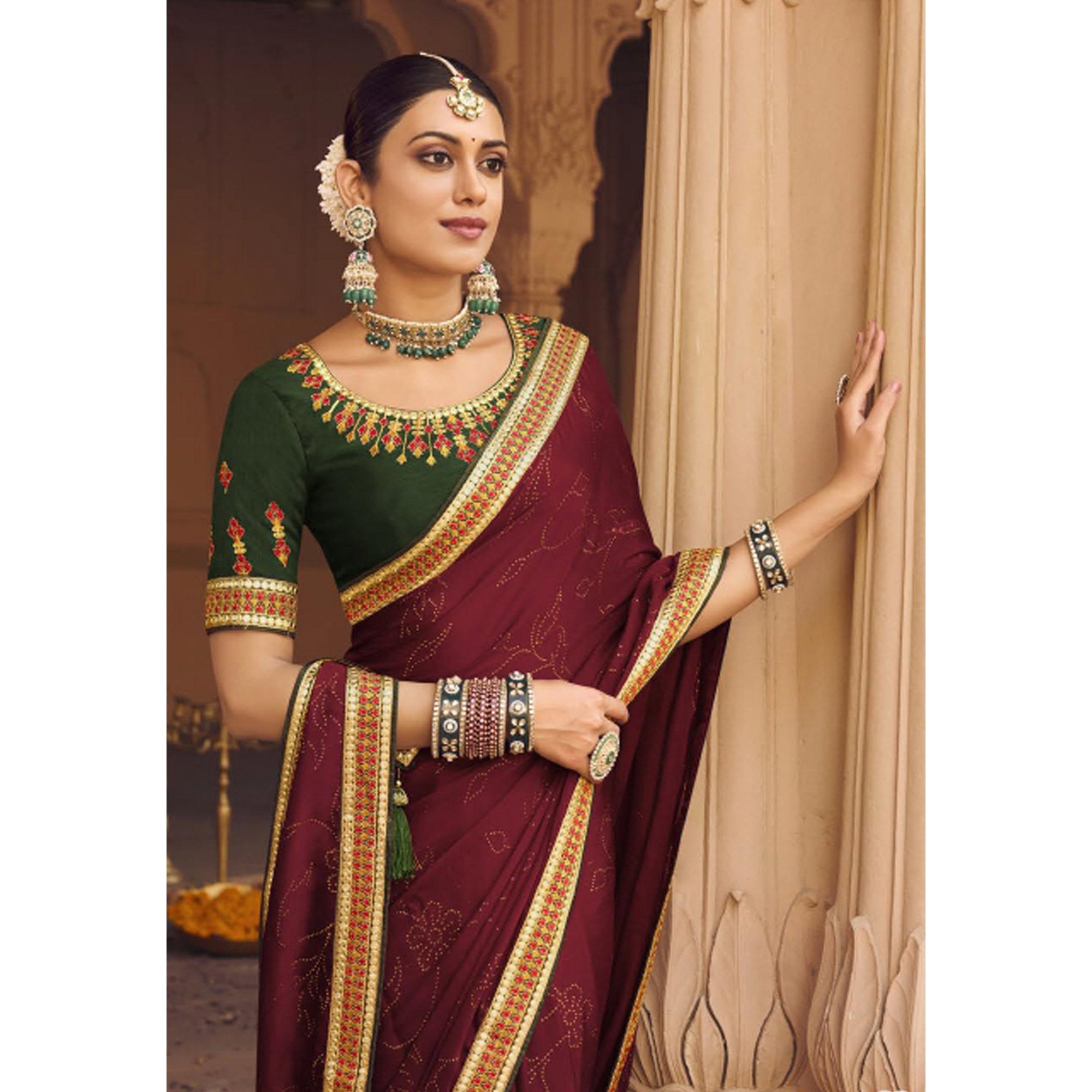 Peachmode Maroon Embellished With Embroidered Border Satin Saree - view 4