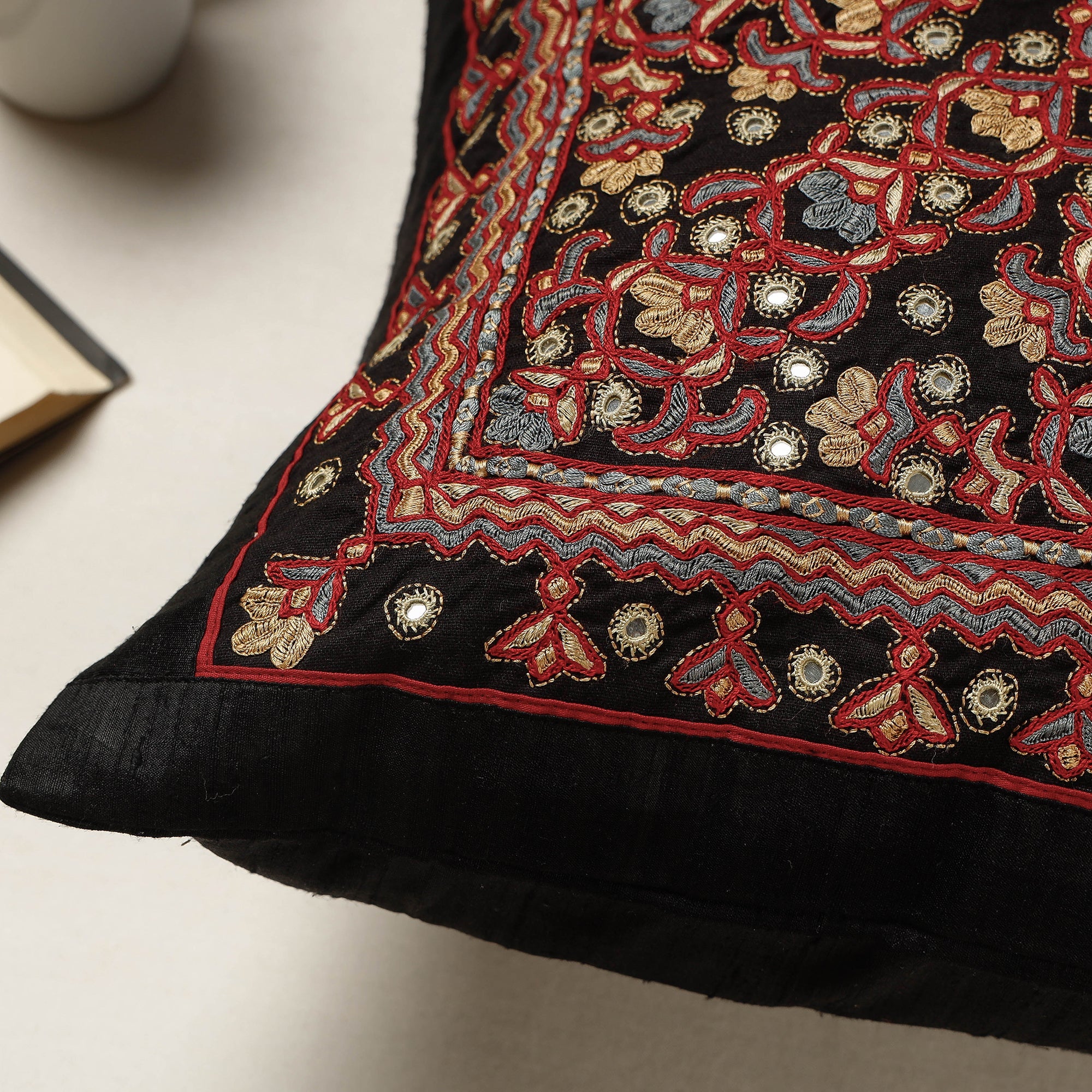 QASAB Black - Kutch Neran Hand Embroidered Silk Cushion Cover (16 x 16 in) - view 2