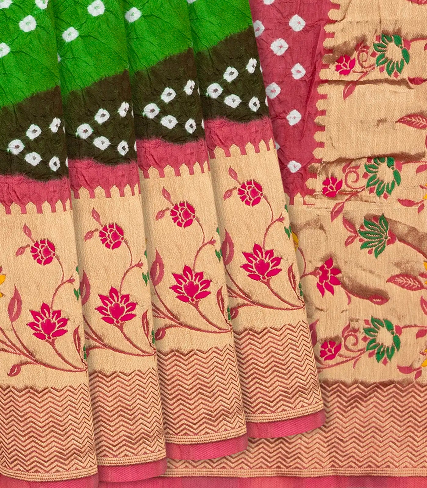 RmKV Green Woven Blended Bandhej Saree With Paithani Border-Green