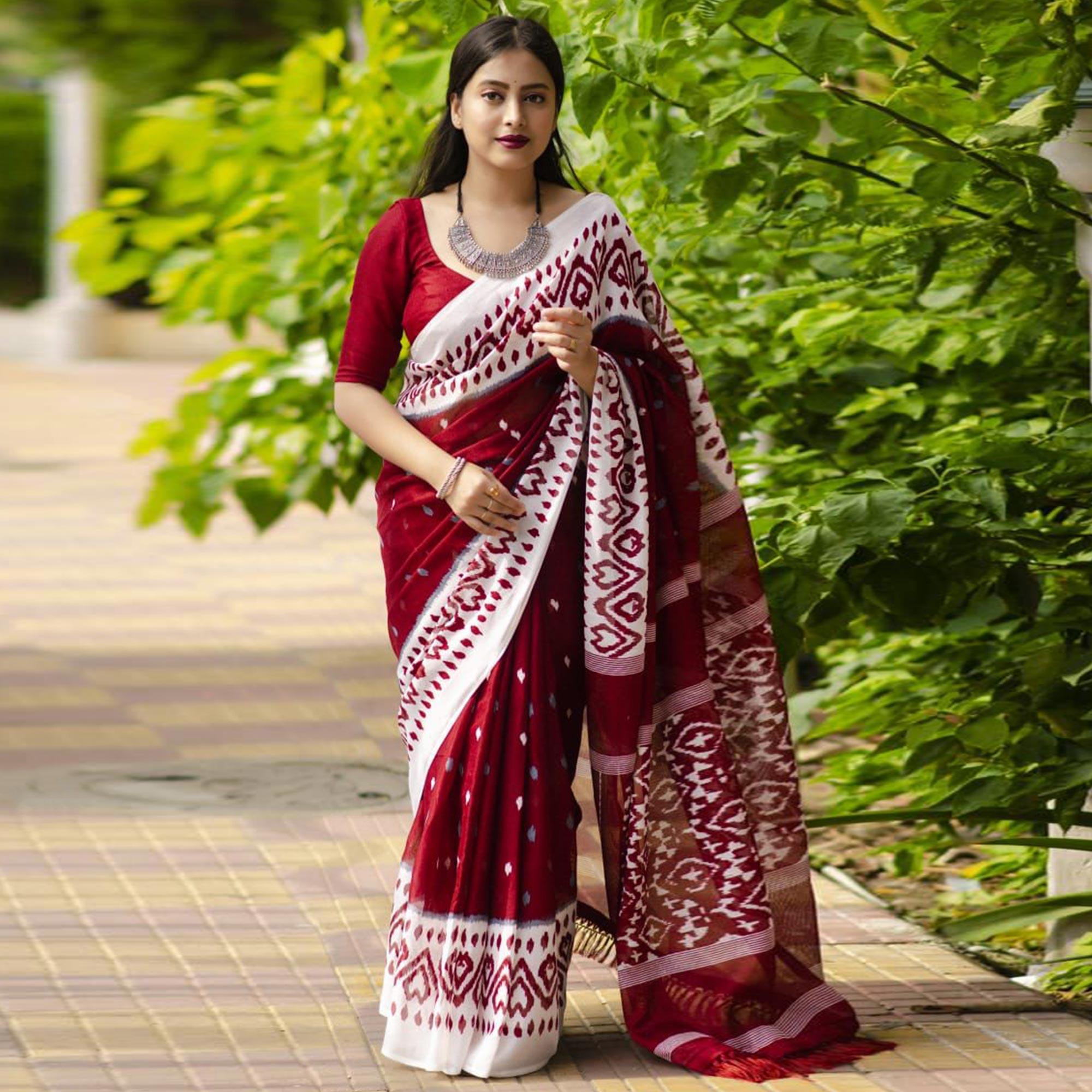 Peachmode Maroon Digital Ikkat Printed Linen Saree - view 2