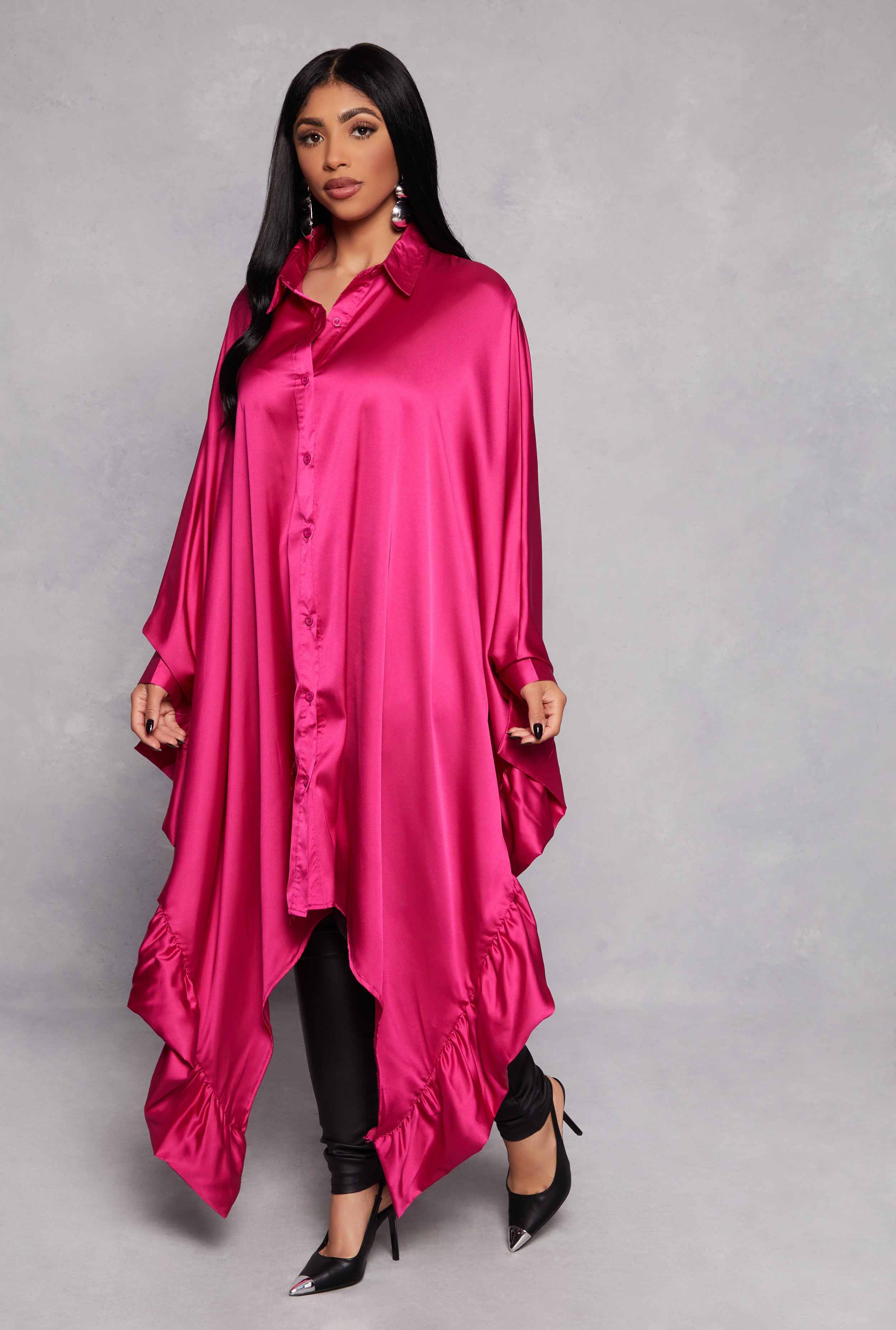 Rainbow Shops Satin Oversized Ruffled Batwing Shirt Dress - view 6
