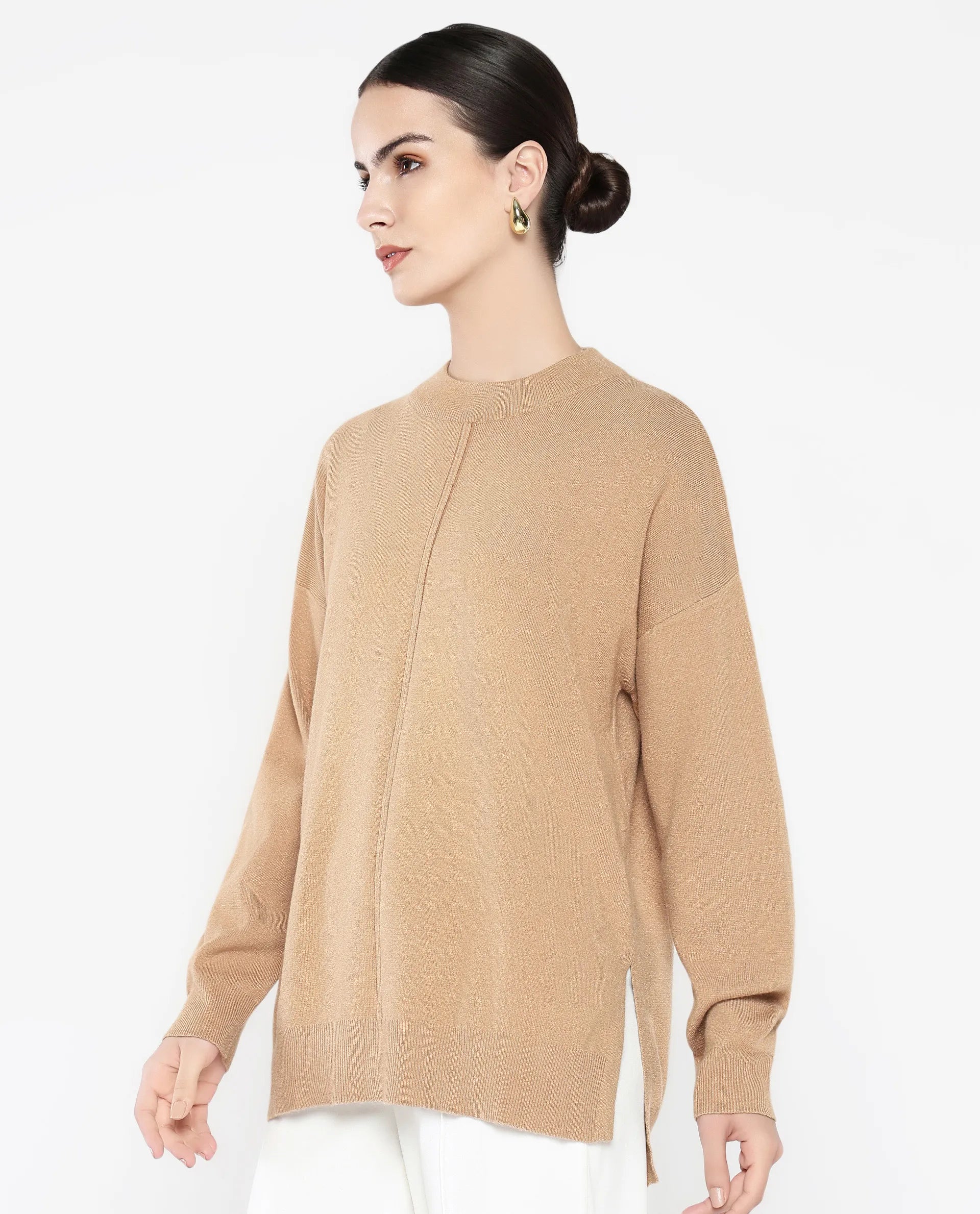 Rareism Women Omerli T Beige Oversized Fit Plain Sweater - view 5
