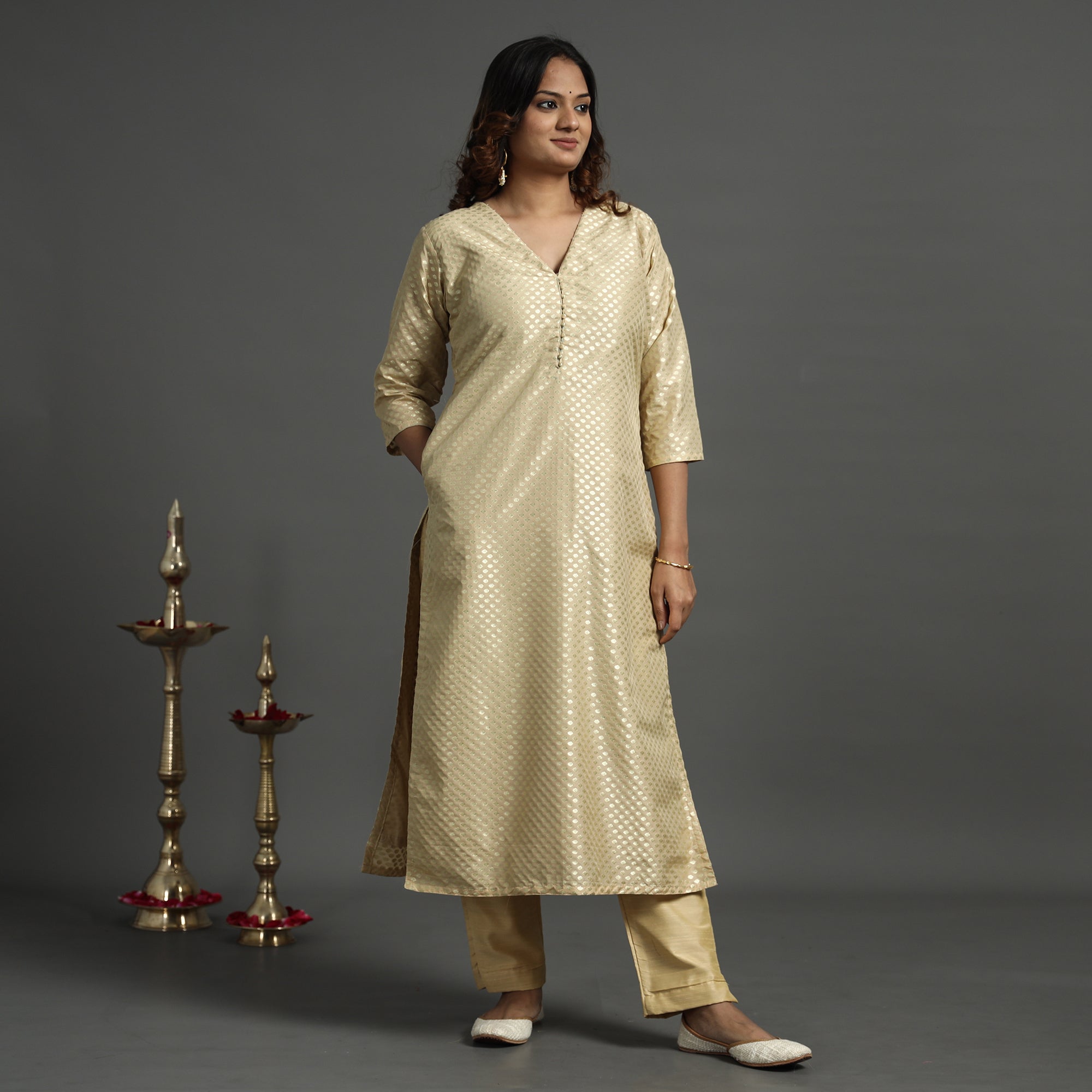 ITOKRI CASUALS Beige - Elegant Banarasi Brocade Silk Kurta with Pant Set
