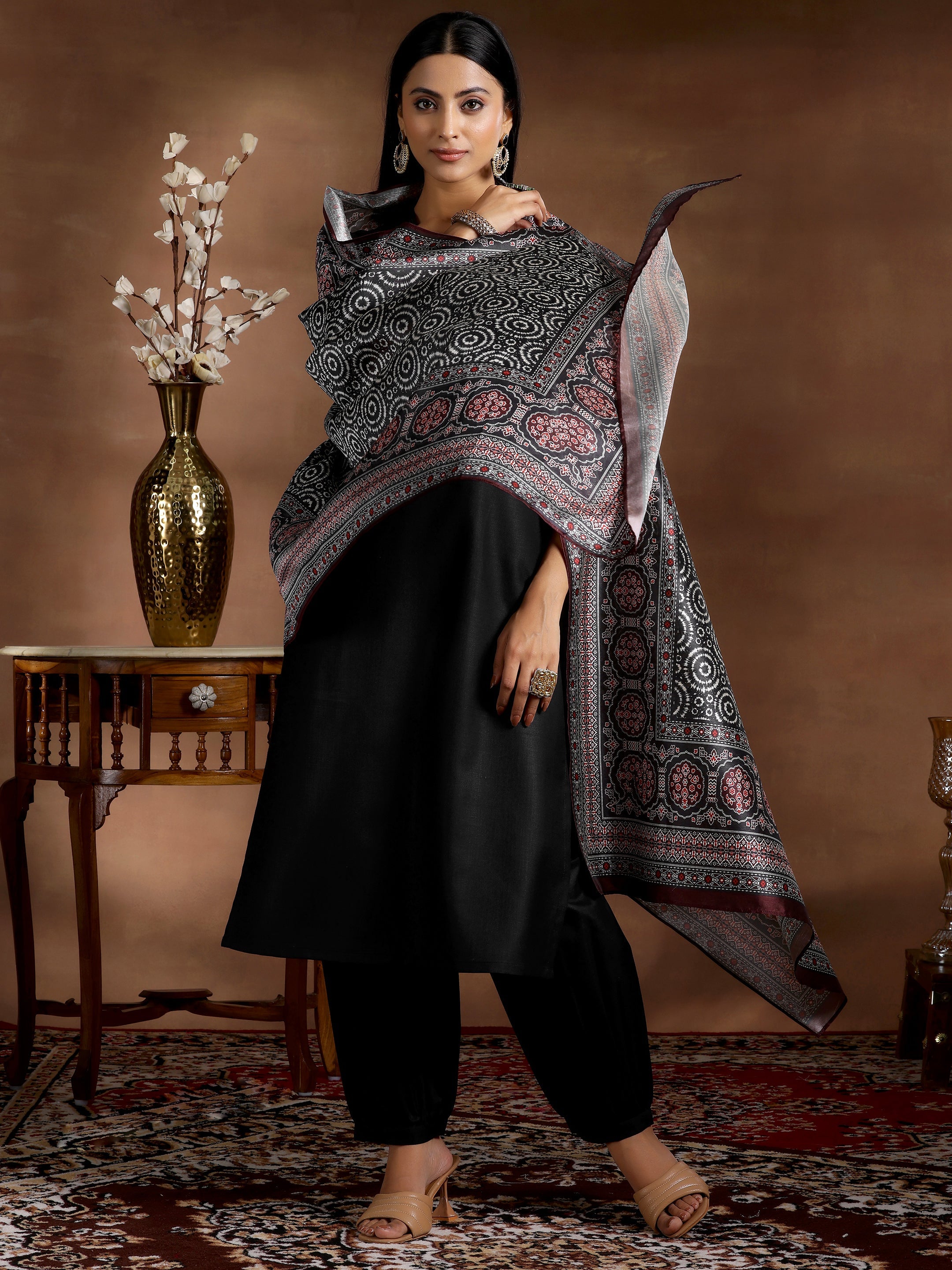 Libas Black Solid Silk Blend Straight Suit With Dupatta