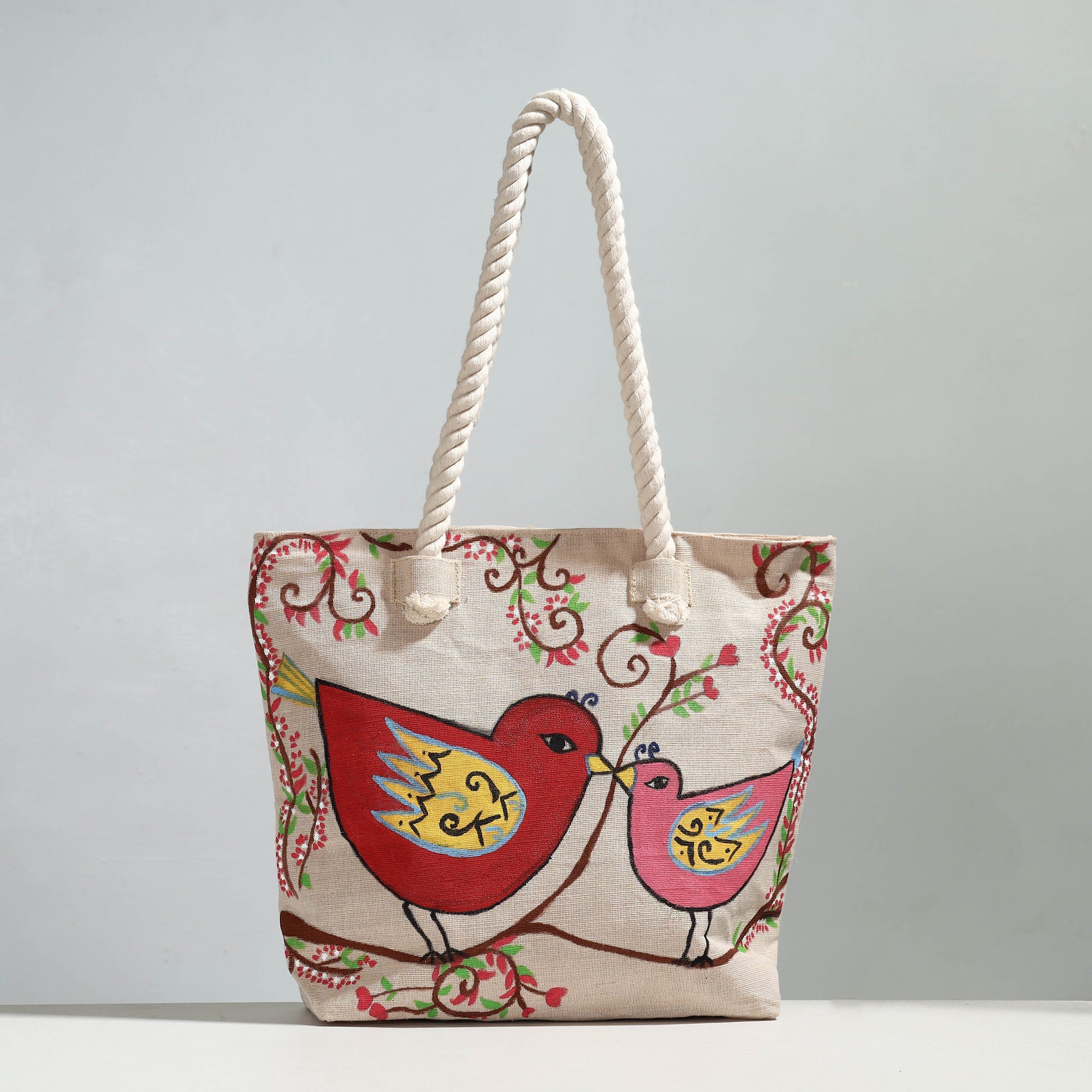 KHUSHBASH - HAPPY LOOM OF EAST Beige - Birds - Handpainted Jute Cotton Shoulder Bag - view 2