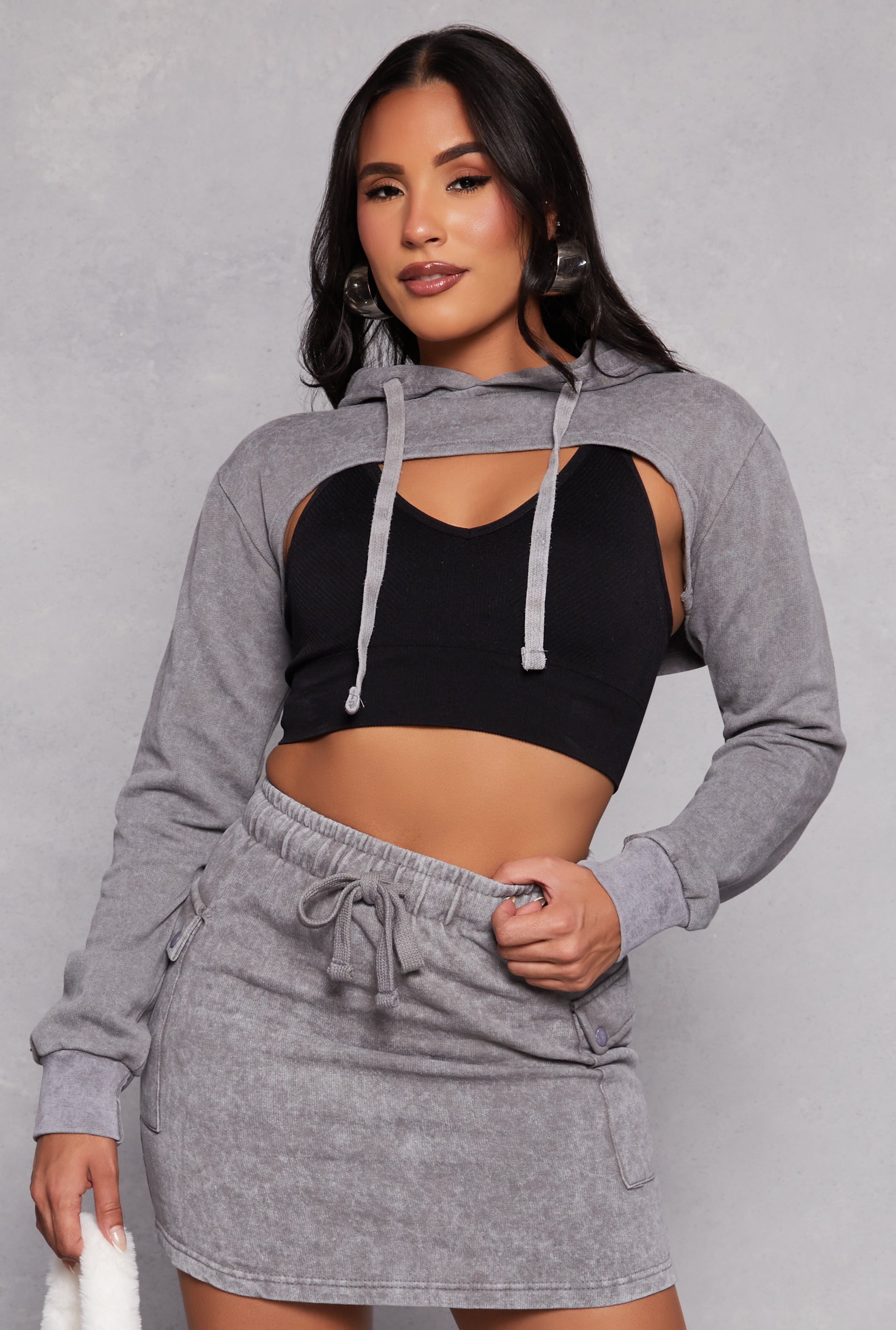 Rainbow Shops Mineral Wash Hooded Shrug Sweatshirt
