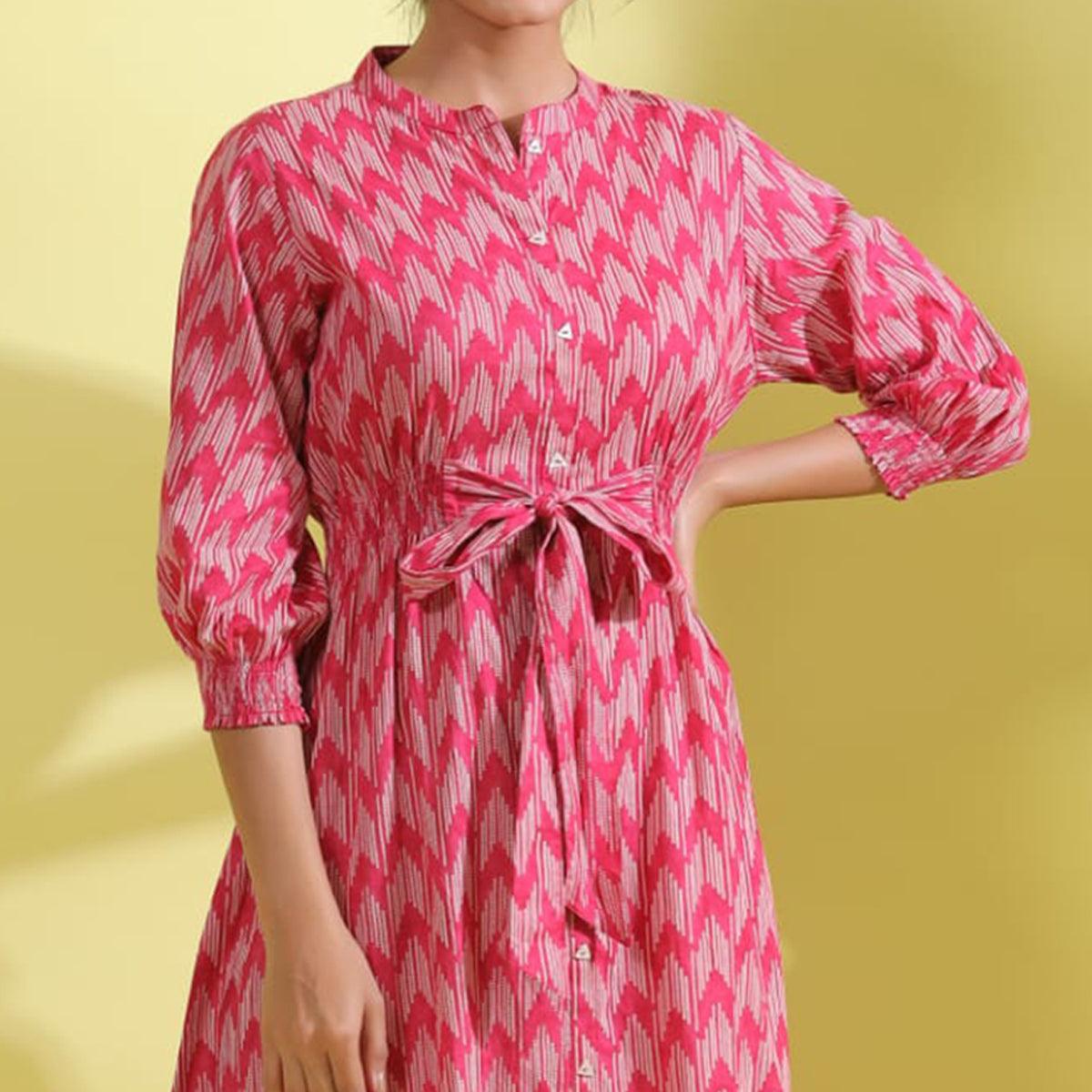 Peachmode Light Pink Printed Pure Cotton Dress - view 3