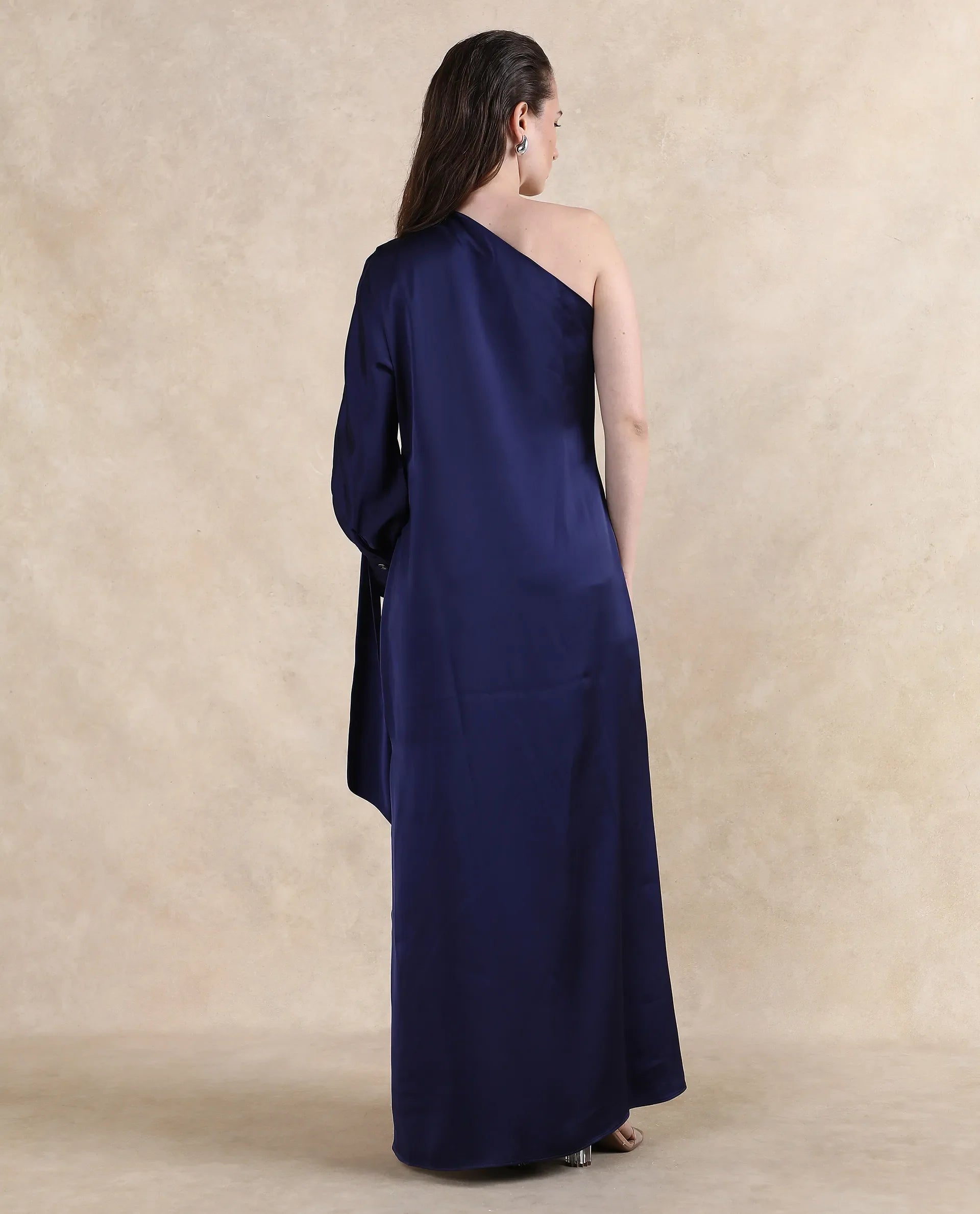 Rareism Women Ankara Navy One Shoulder Straight Fit Maxi Plain Dress - view 9