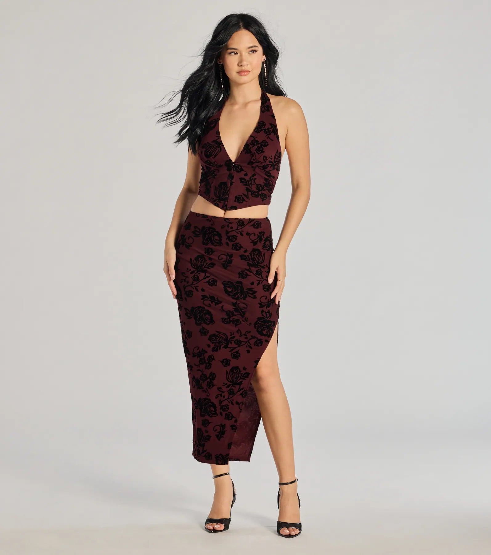 Windsor Luxe Wonder Flocked Velvet Floral Midi Skirt