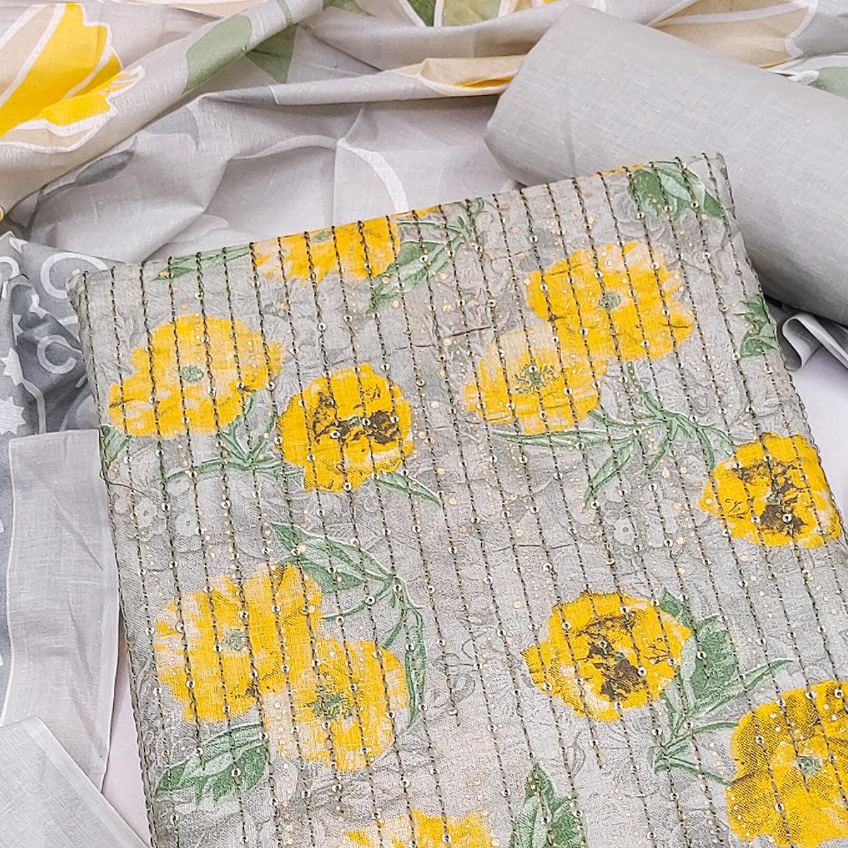 Peachmode Grey-Yellow Printed With Embroidered Pure Cotton Dress Material - view 2