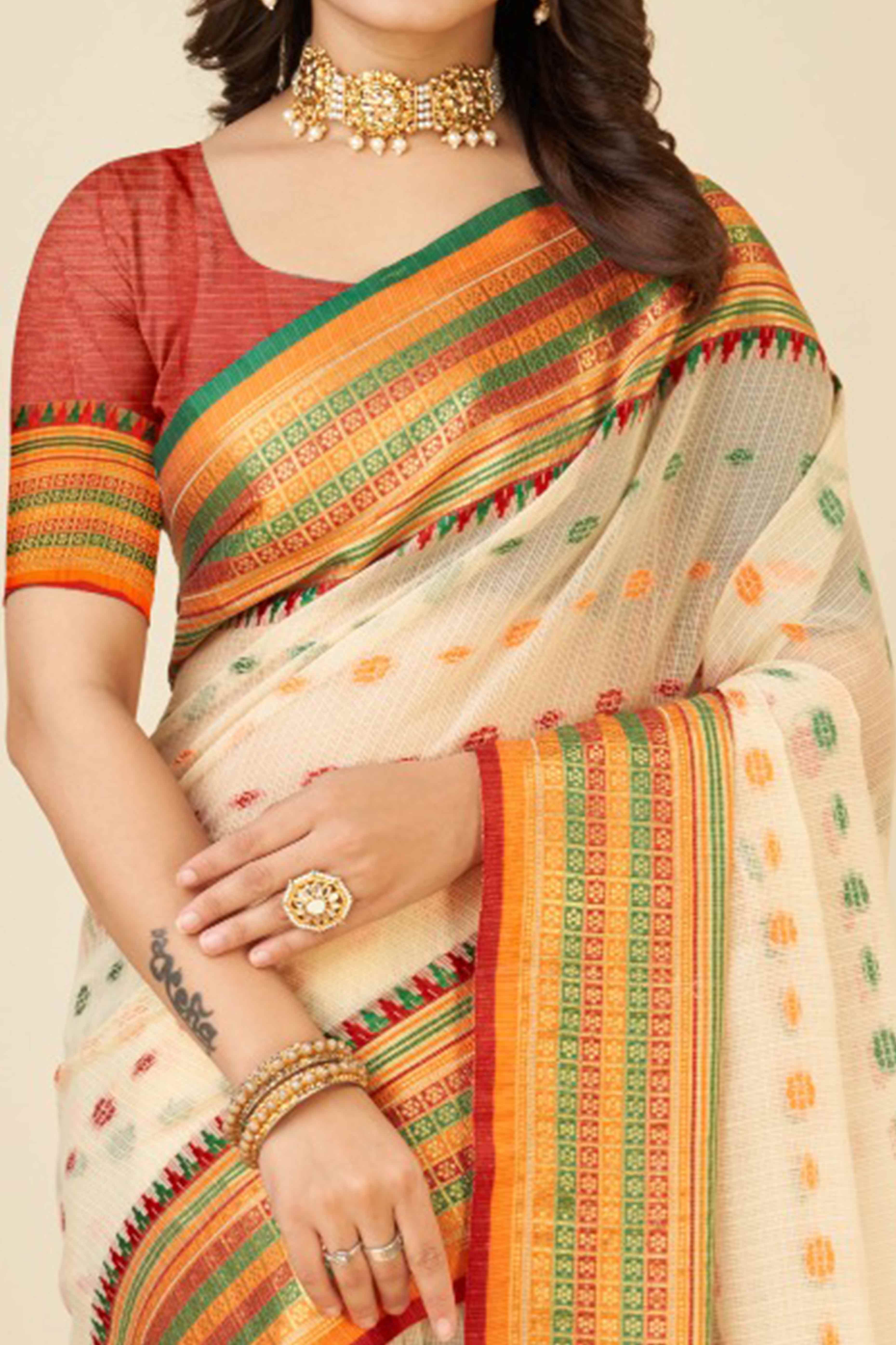 Peachmode Cream Zari Weaving Cotton Silk Saree - view 2