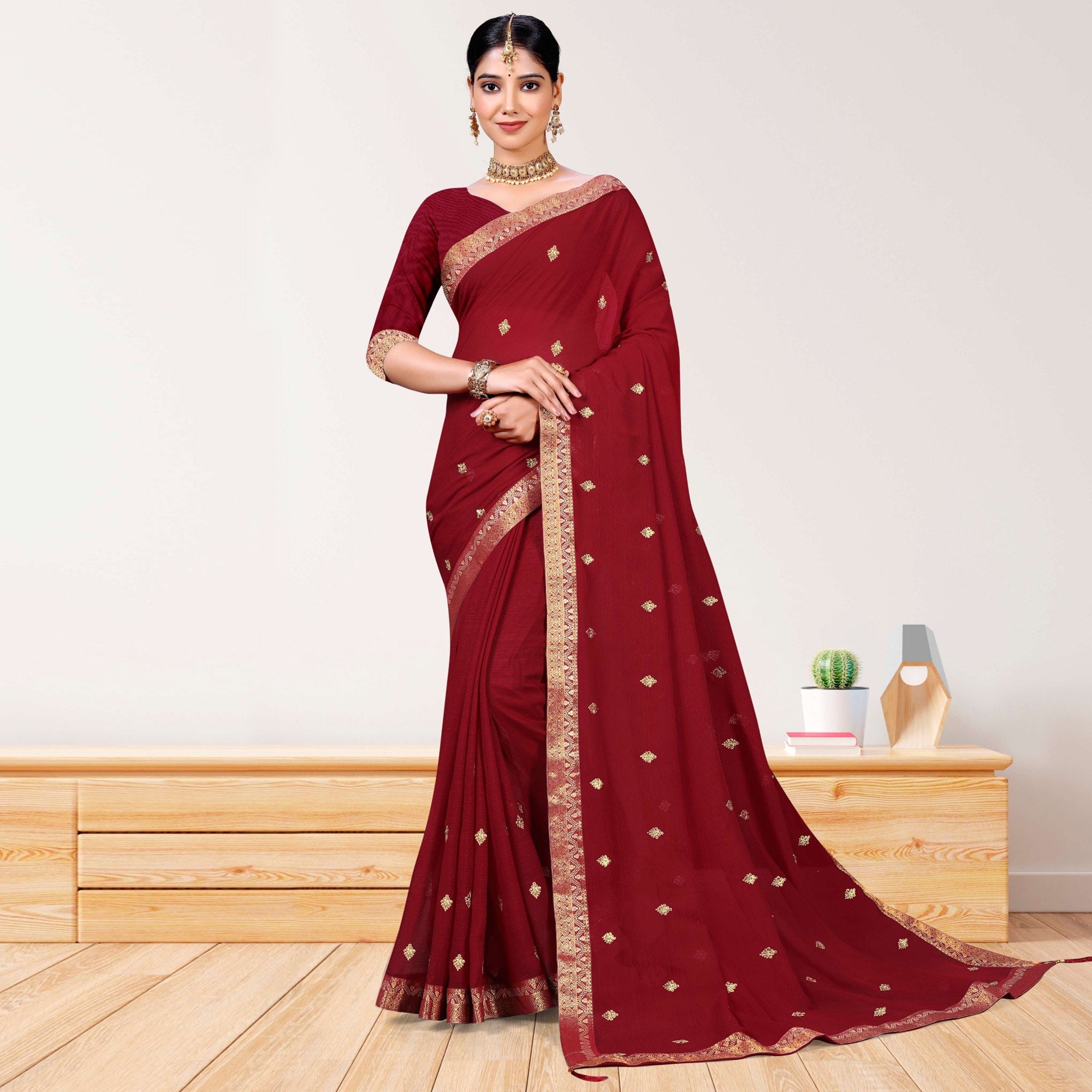 Peachmode Maroon Embroidered Chiffon Saree – Women's