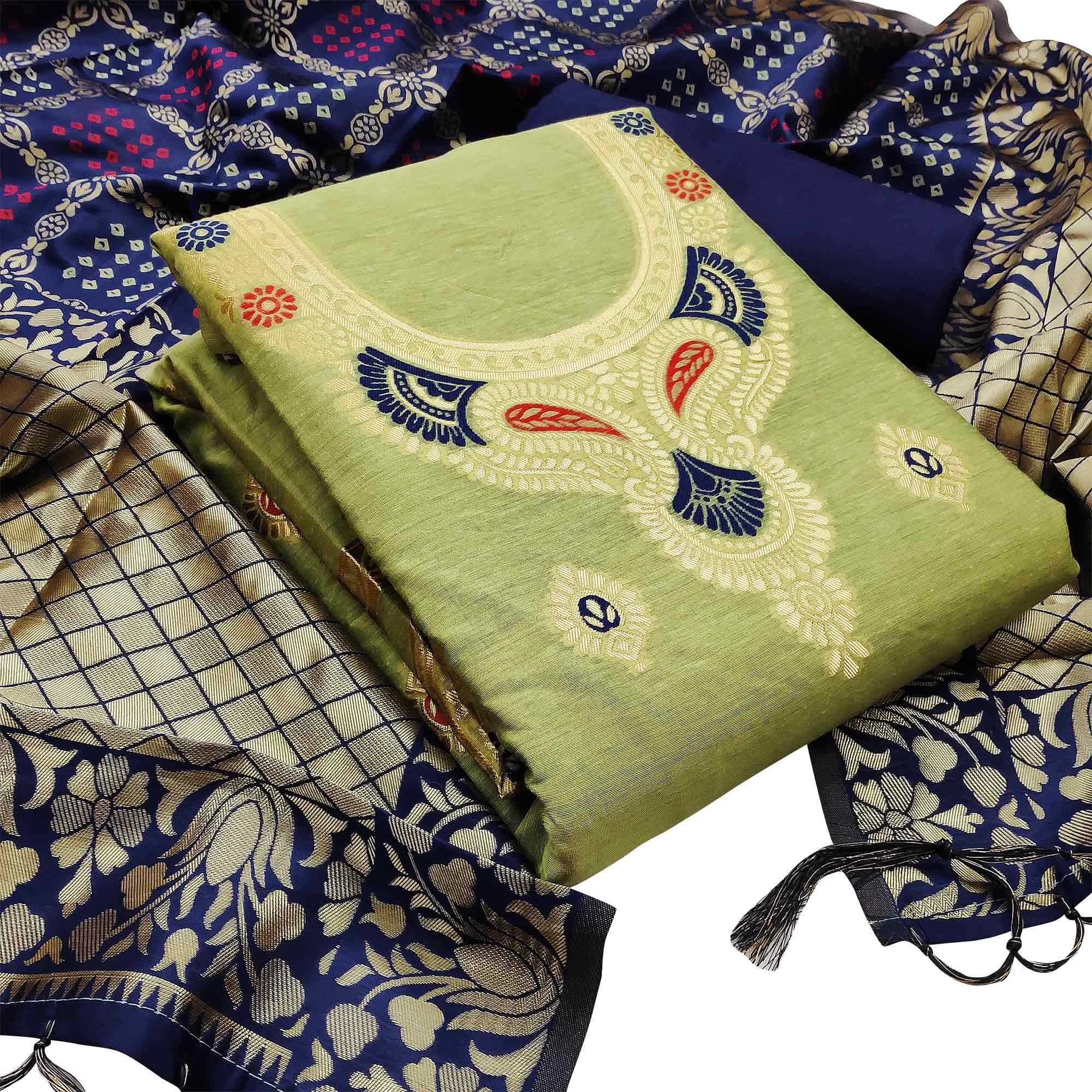 Peachmode Intricate Pista Green Colored Festive Wear Woven Banarasi Silk Dress Material