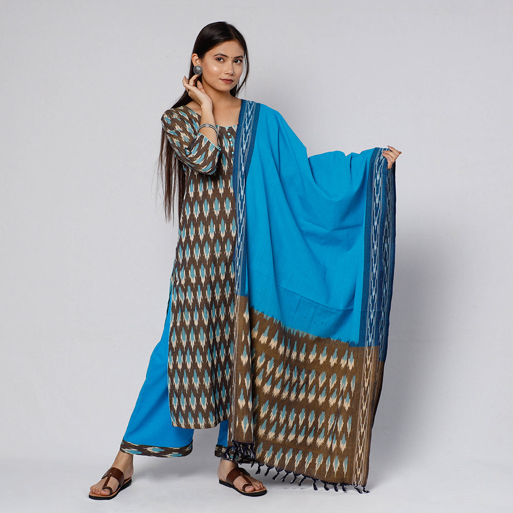 ITOKRI CASUALS Brown - Pochampally Ikat Weave Cotton Kurta with Palazzo & Dupatta Set