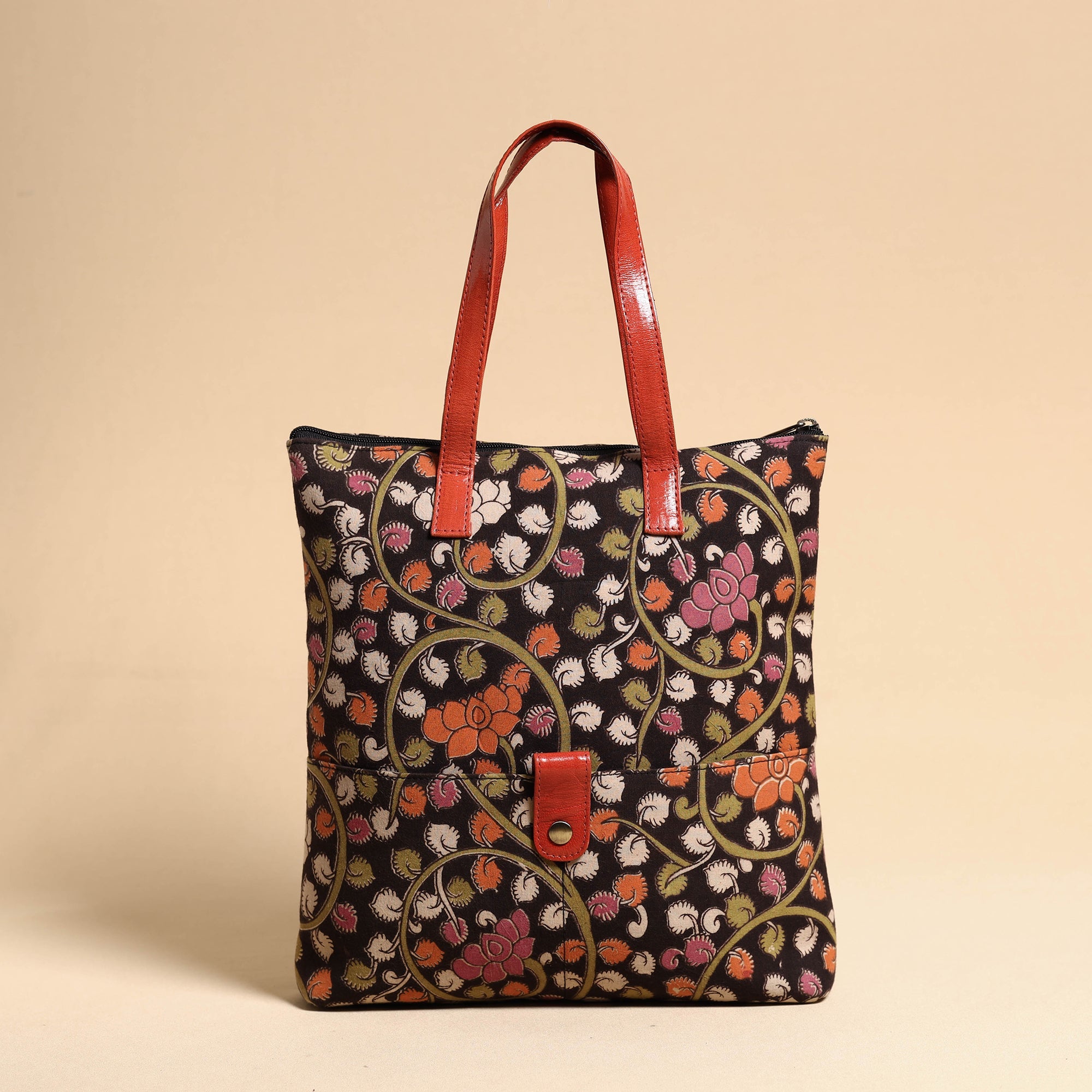 ASALKAAR Black - Handcrafted Kalamkari Block Printed Hand Bag with Leather Handle
