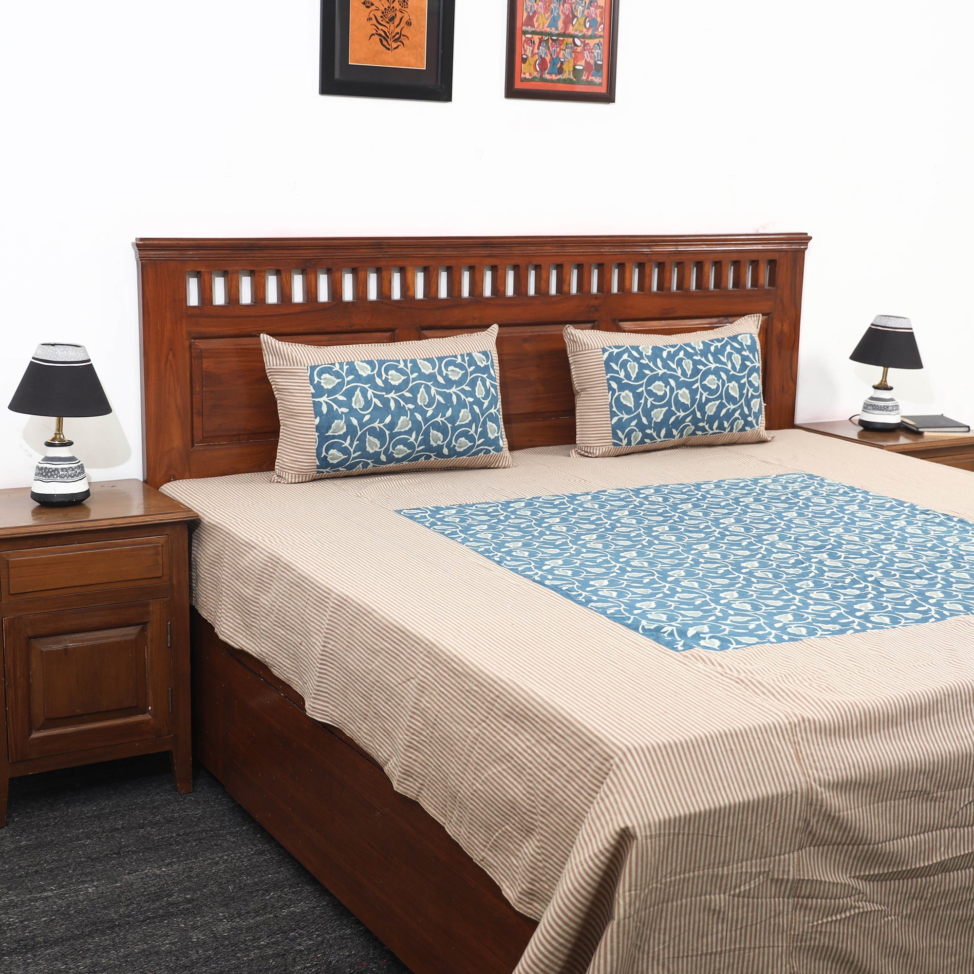 NOORI BAZAR Beige - Plain Cotton Double Bed Cover with Block Print Patchwork (94 x 89 In)