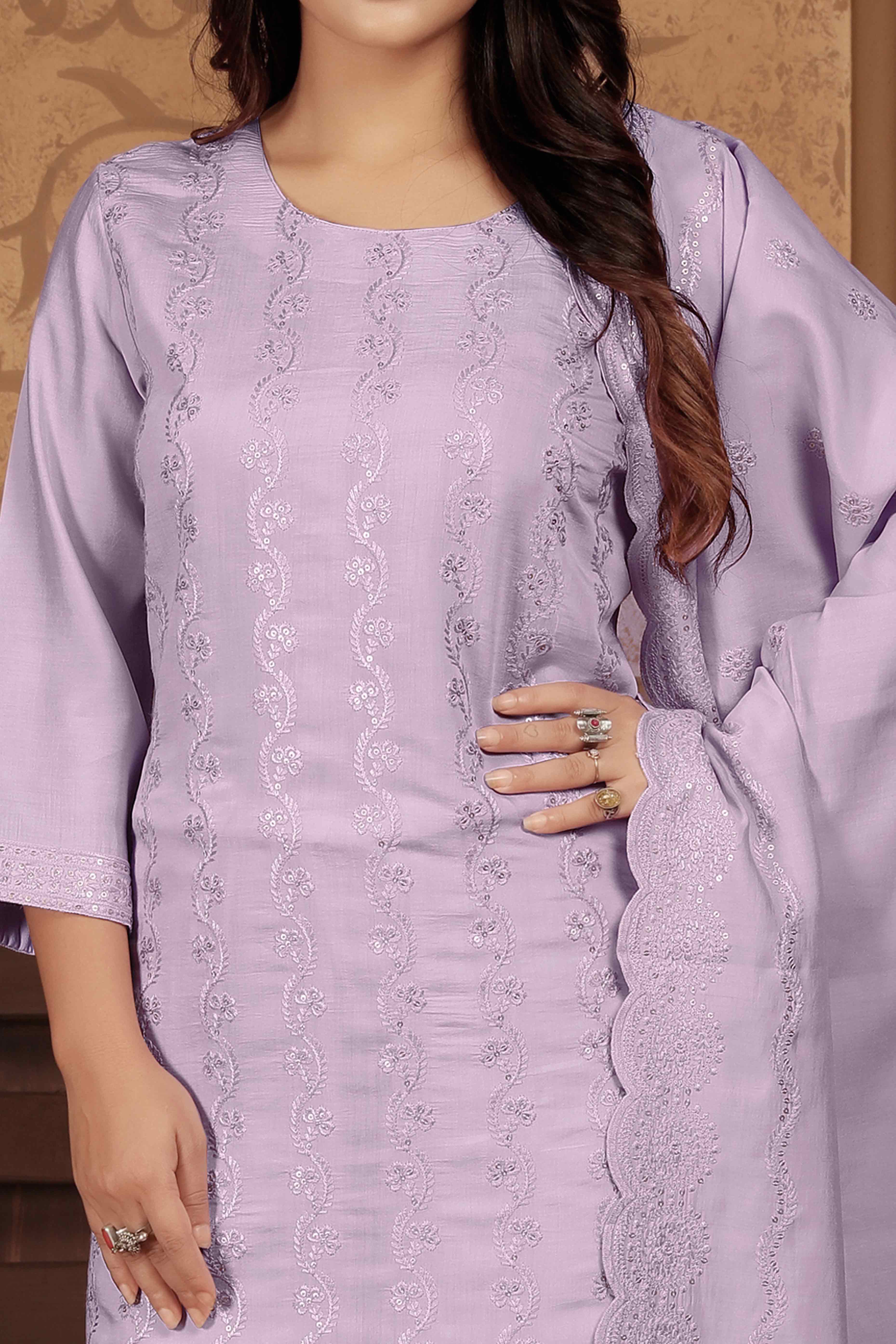 Peachmode Seller Lavender Sequins Embroidered Chanderi Straight Salwar Suit - view 2
