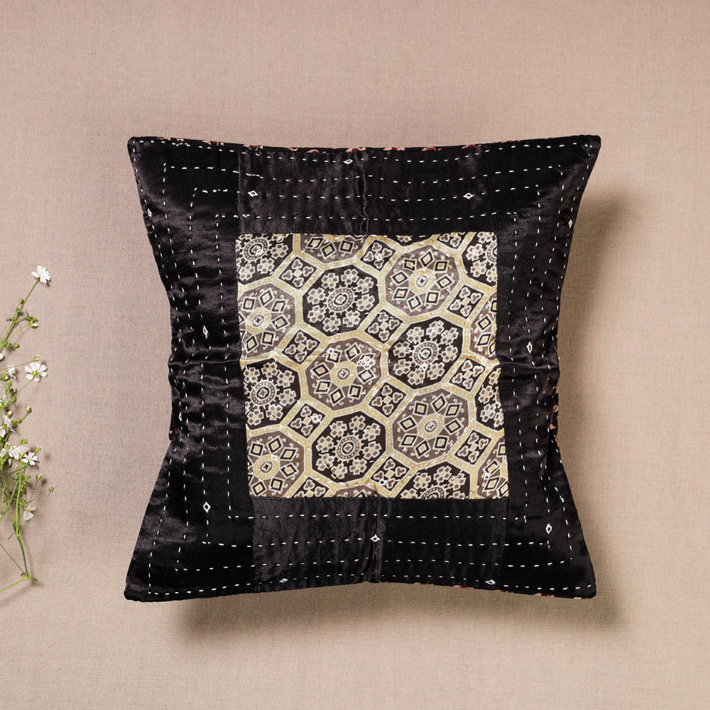 KACHCHH JI CHHAAP Black - Kutch Embroidered Ajrakh Mashru Silk Cushion Cover (12 x 12 in)