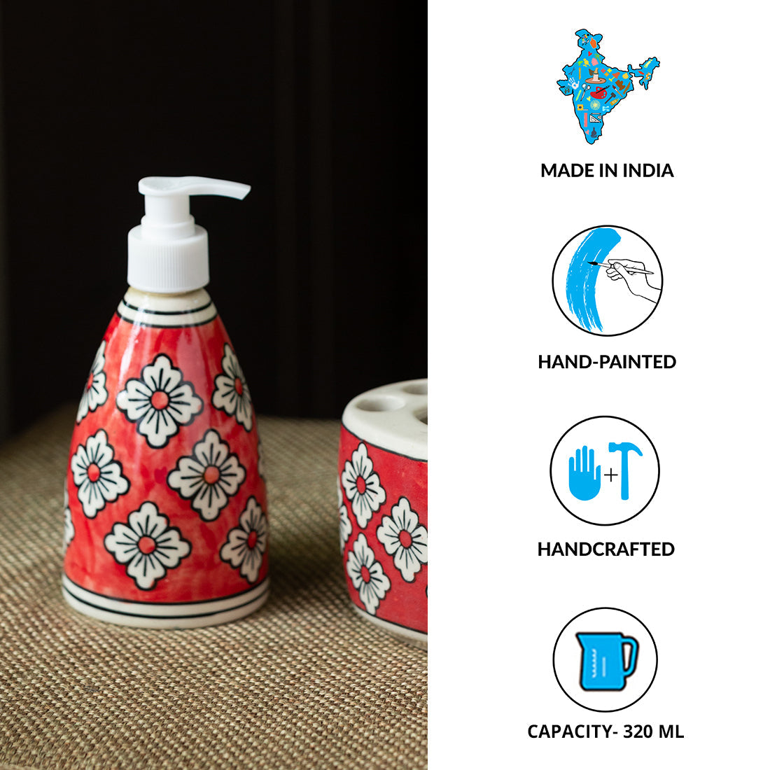 EXCLUSIVELANE 'Crimson Lily' Handpainted Bathroom Accessory Set In Ceramic (Liquid Soap Dispenser, Toothbrush Holder) - view 5