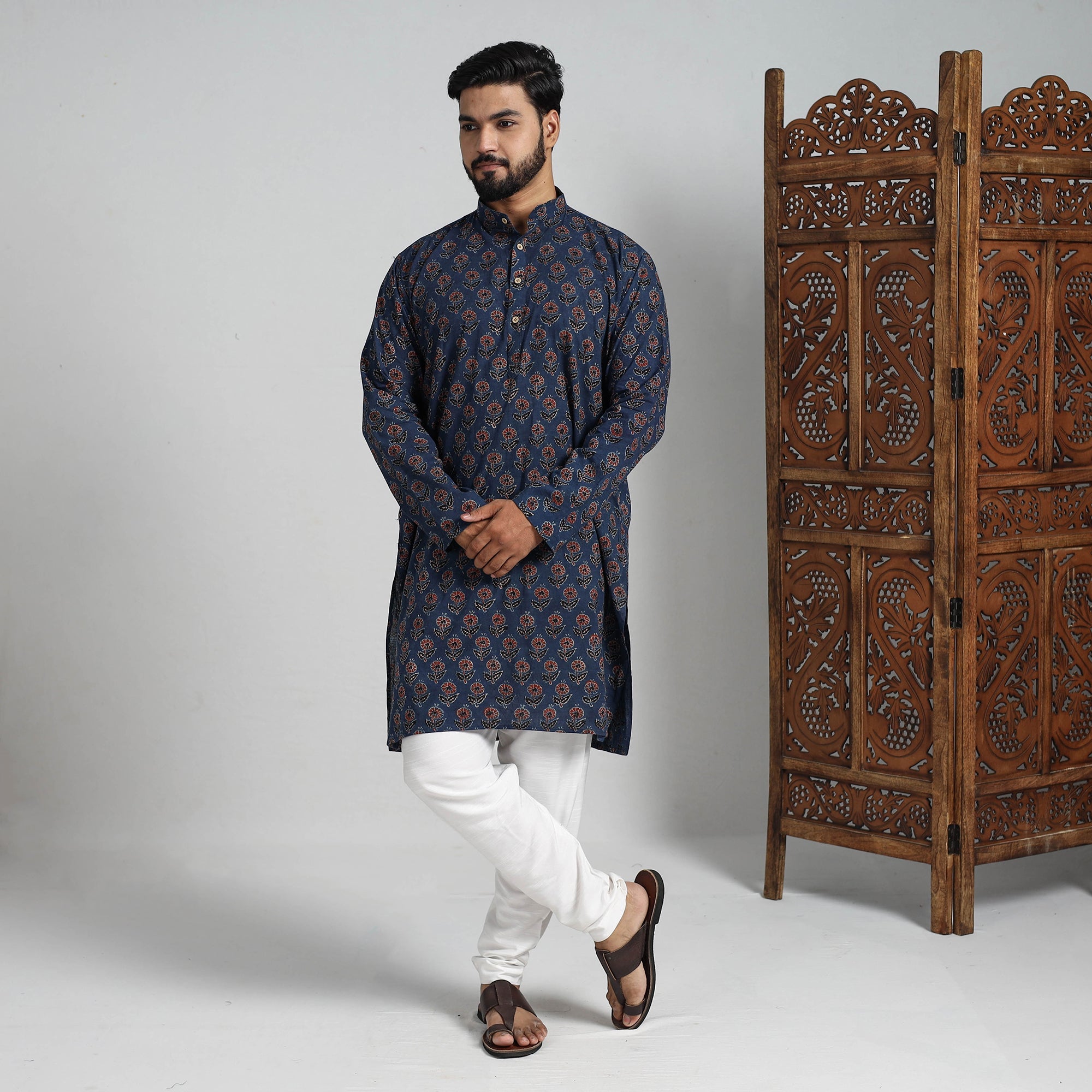 ITOKRI CASUALS Ajrakh Block Printed Cotton Men Long Kurta 18 - view 2