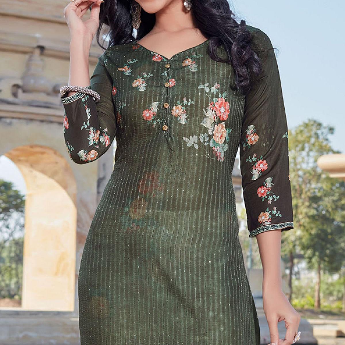 Peachmode Seller Bottle Green Sequins Embroidered Cotton Silk Kurti - view 5