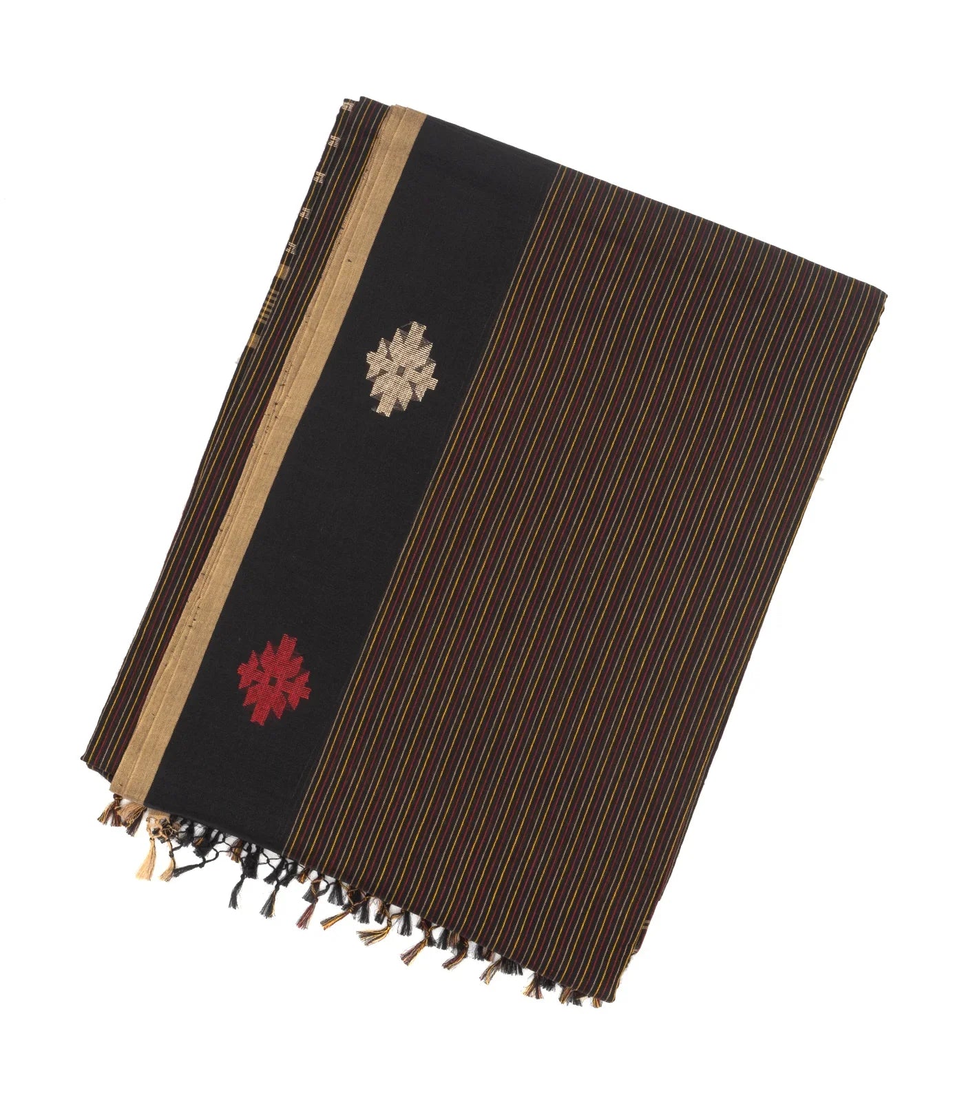 RmKV Black Handloom Bengal Cotton Saree With Stripes & Buttas in Border