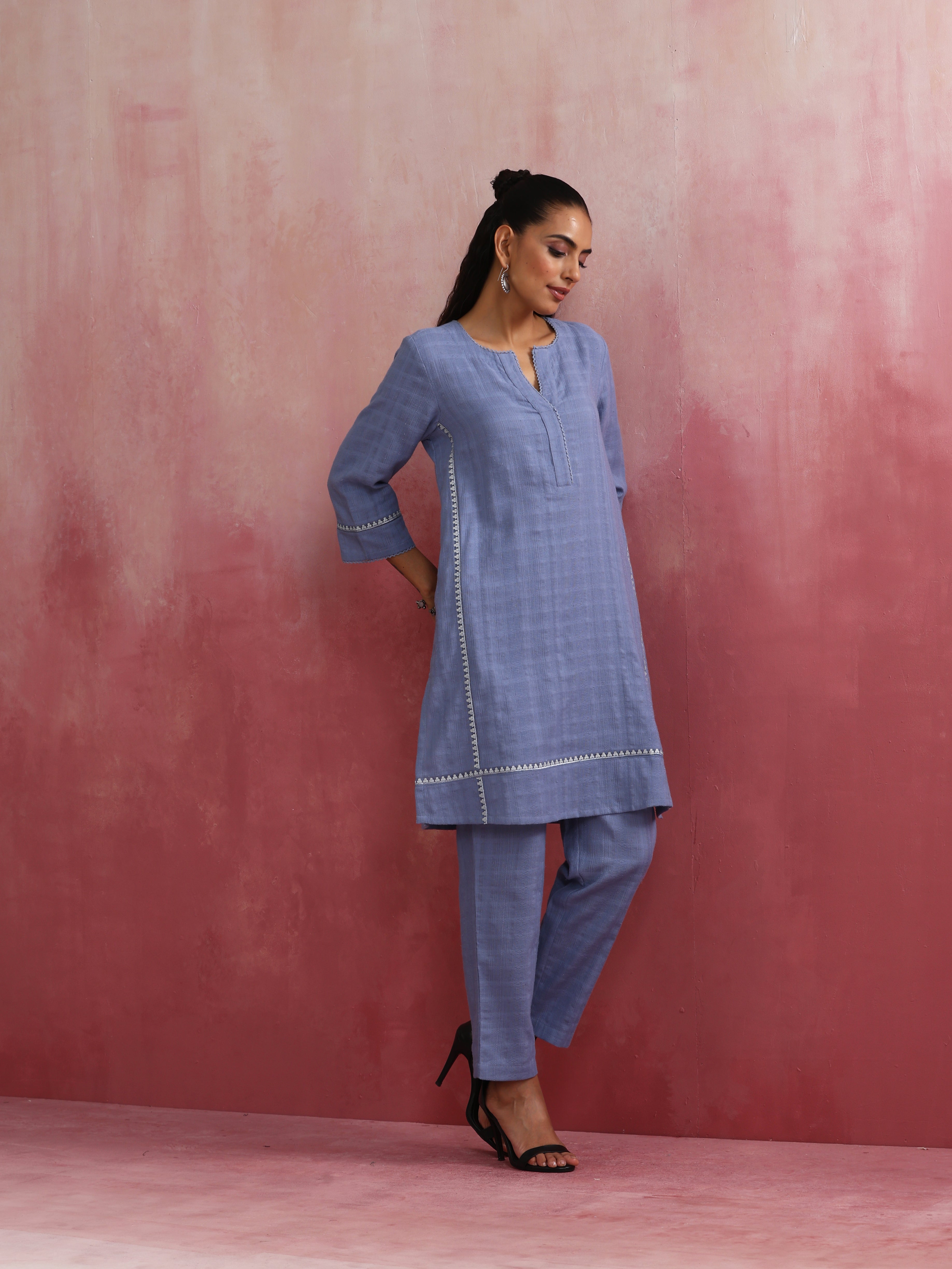 trueBrowns Sky Blue Cotton Kurta Co-ord set - view 2