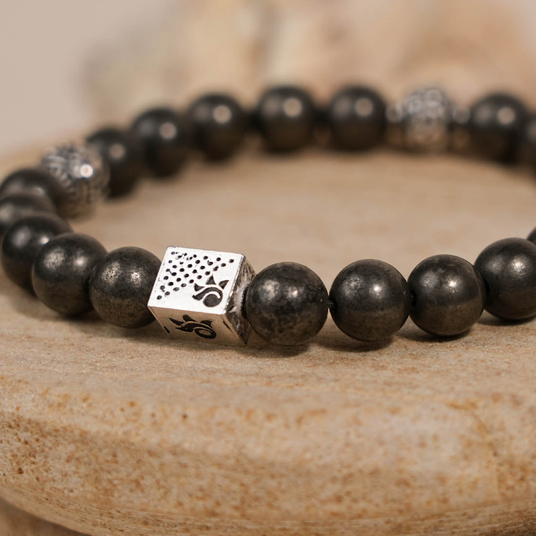 Prinjal Jewellers Pyrite Stone with Om Silver Beads Bracelet