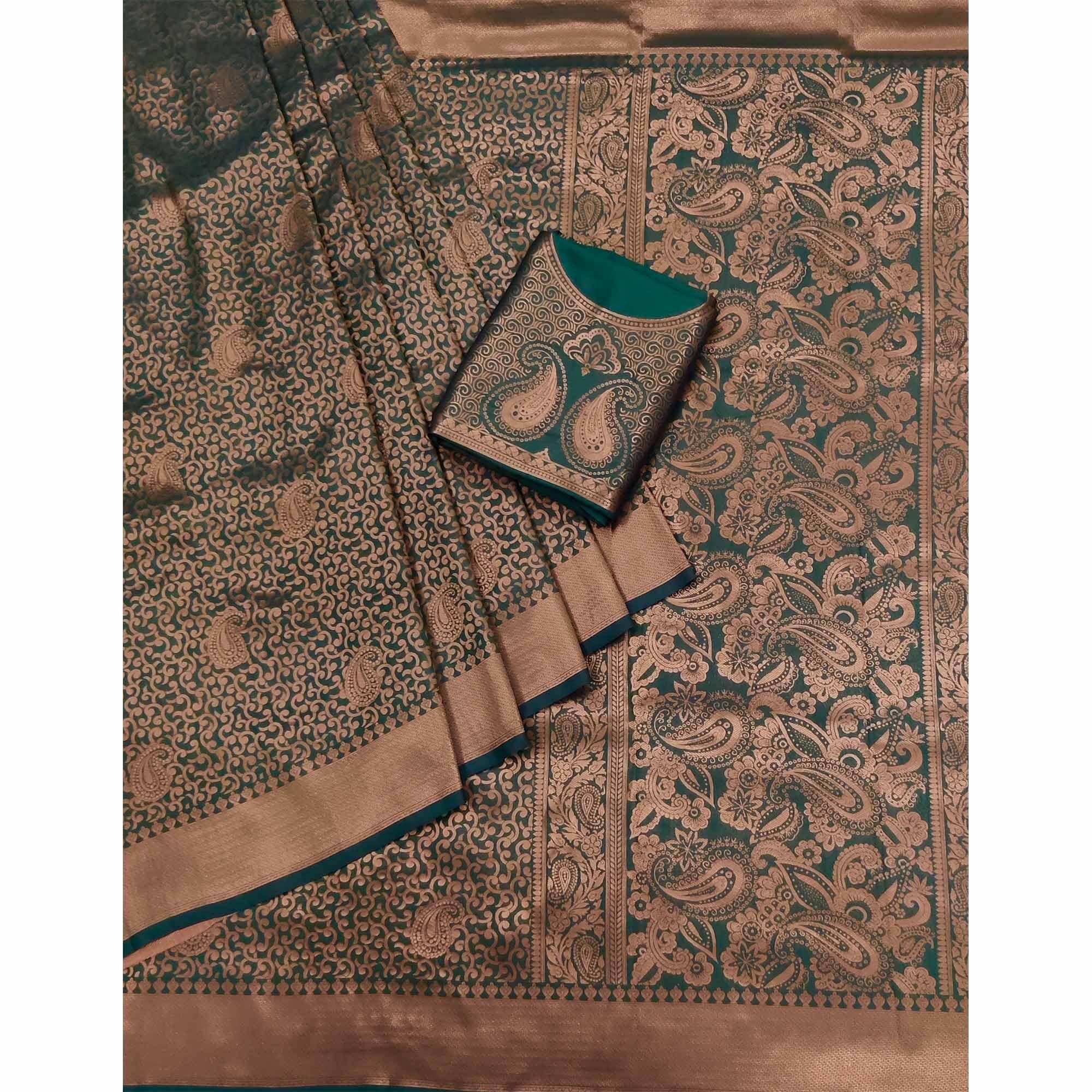 Peachmode Dark Rama Woven Jacquard Saree – Women's - view 3