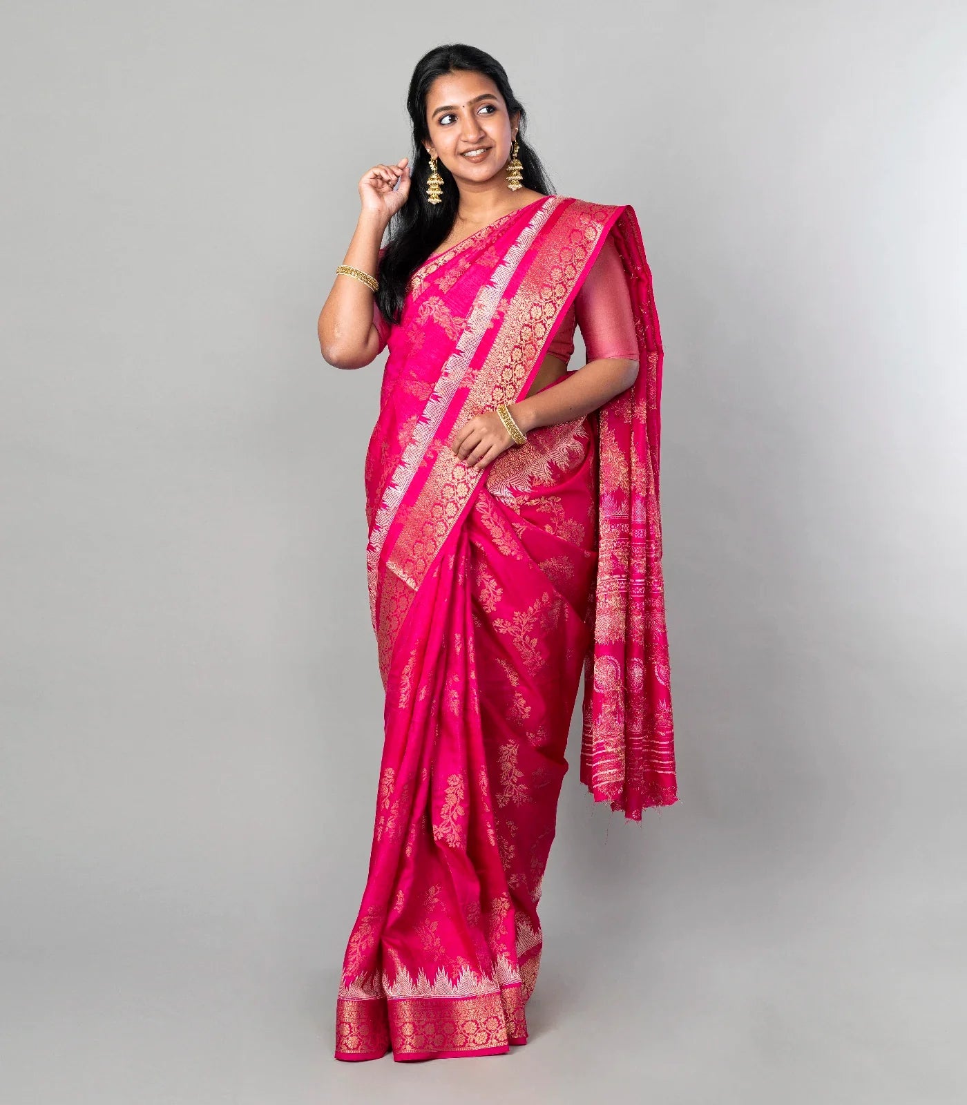 RmKV Hot Pink Woven Dola Synthetic Saree With Floral Motifs - view 3