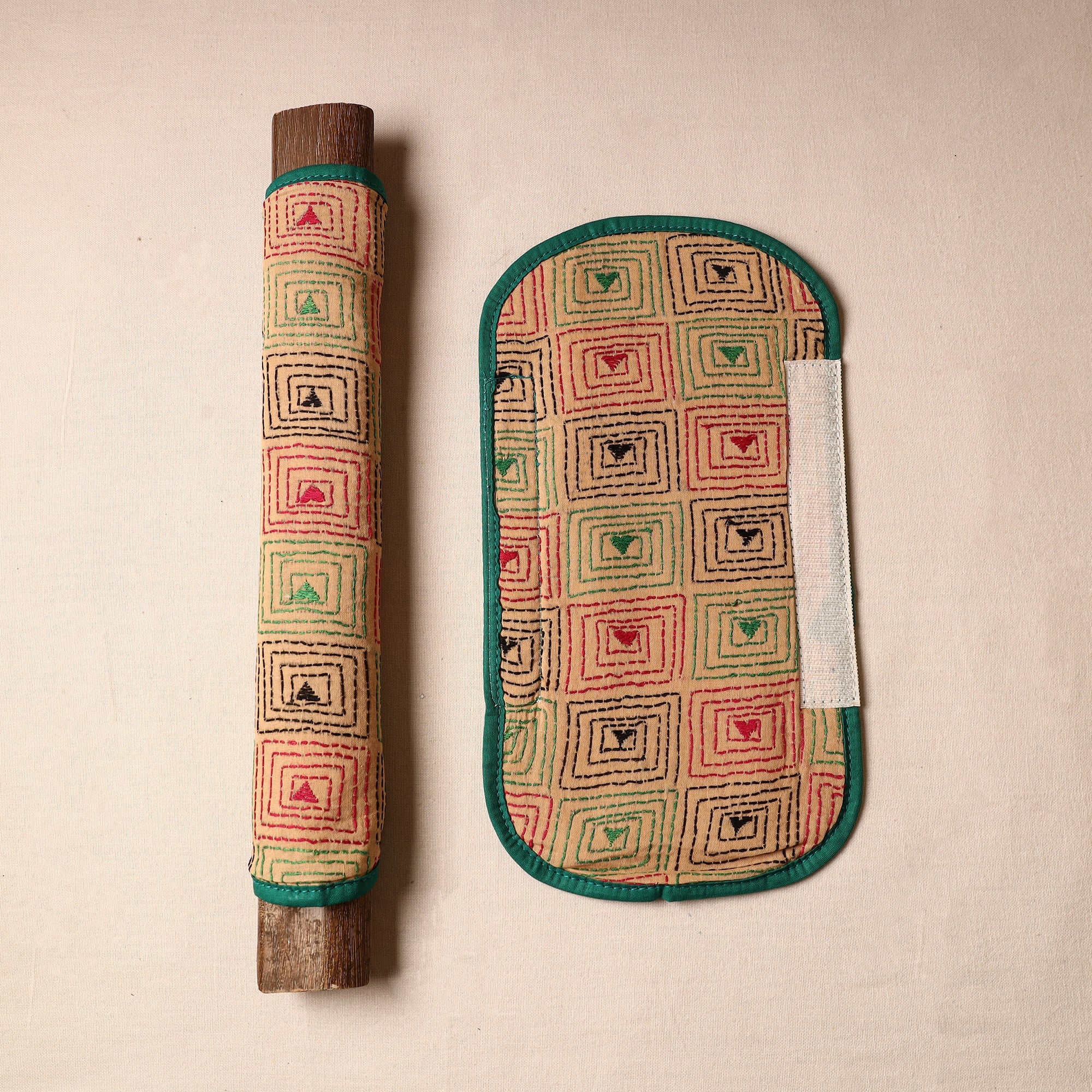 ASALKAAR Beige - Bengal Kantha Work Handmade Fridge Handle Cover (Set of 2) 50