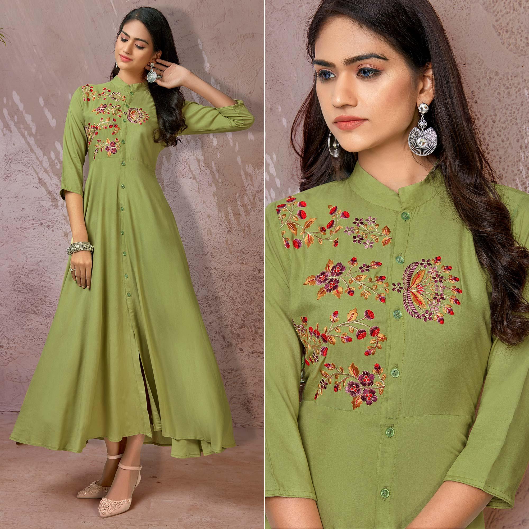Green gowns – BlackTree green-floral-embroidered-rayon-gown-1