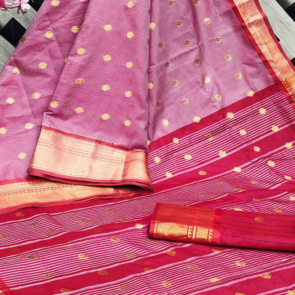 Peachmode Pink Zari Woven Lichi Art Silk Saree With Tassels - view 2