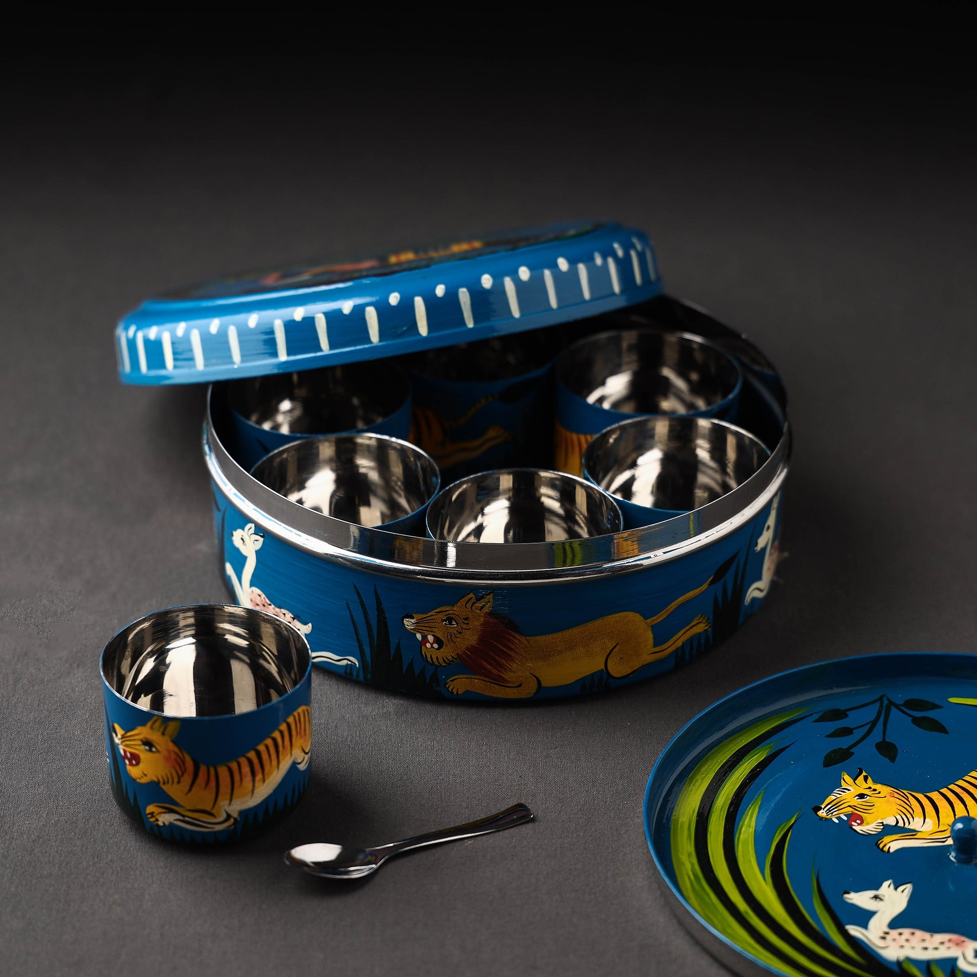 AAYAAS Blue - Banaras Handpainted Stainless Steel Masala Box (7 x 7 in) - view 3