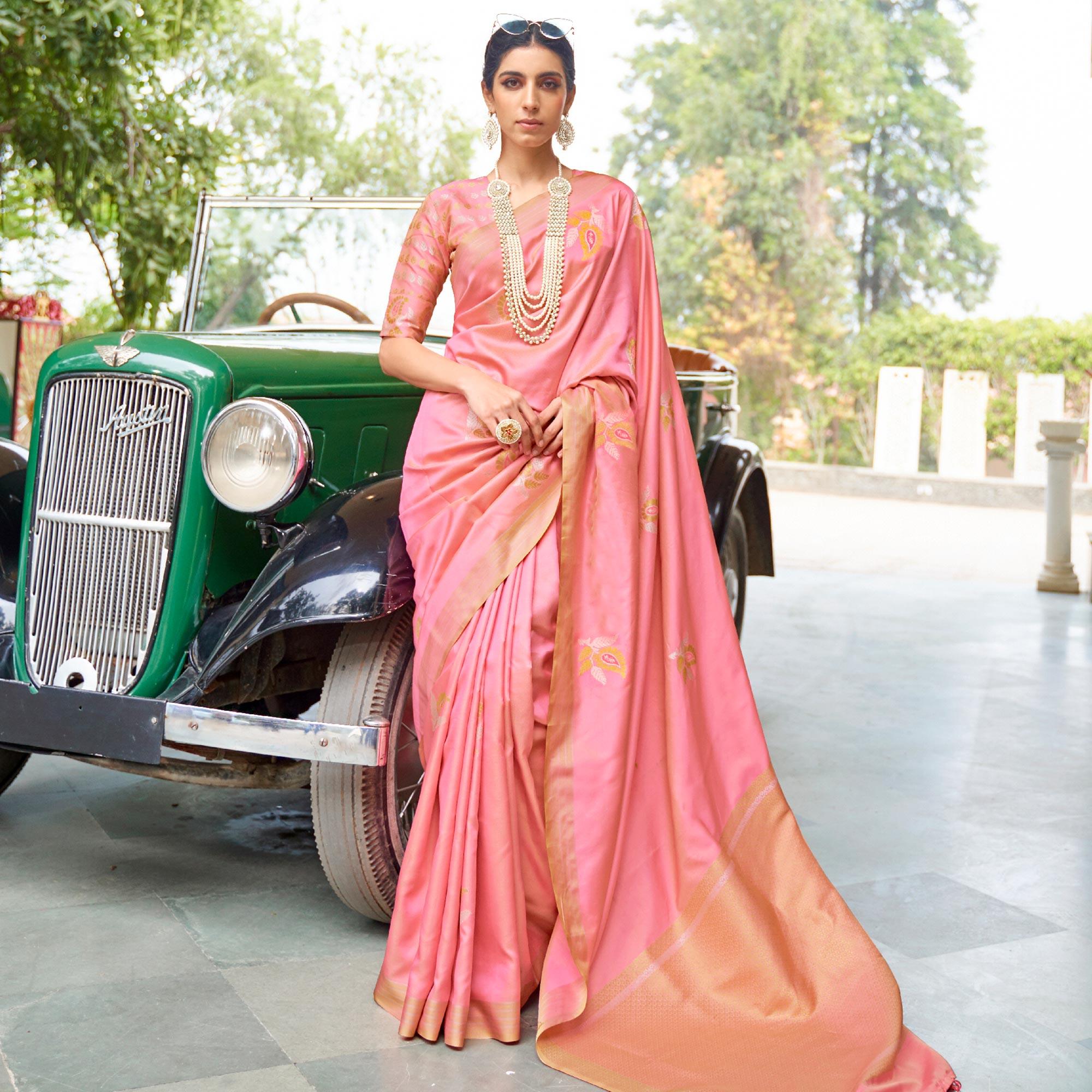 Peachmode Innovative Light Peach Colored Zari Work Festive Wear Banarasi Silk Saree