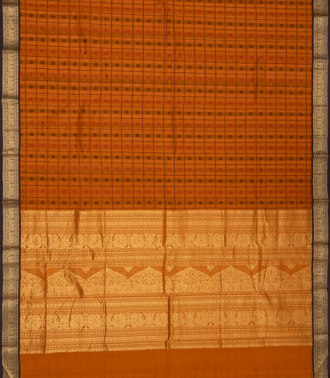 RmKV Mustard Handloom Kanchi Cotton Saree With Checks & Chakaram Motifs. - view 2